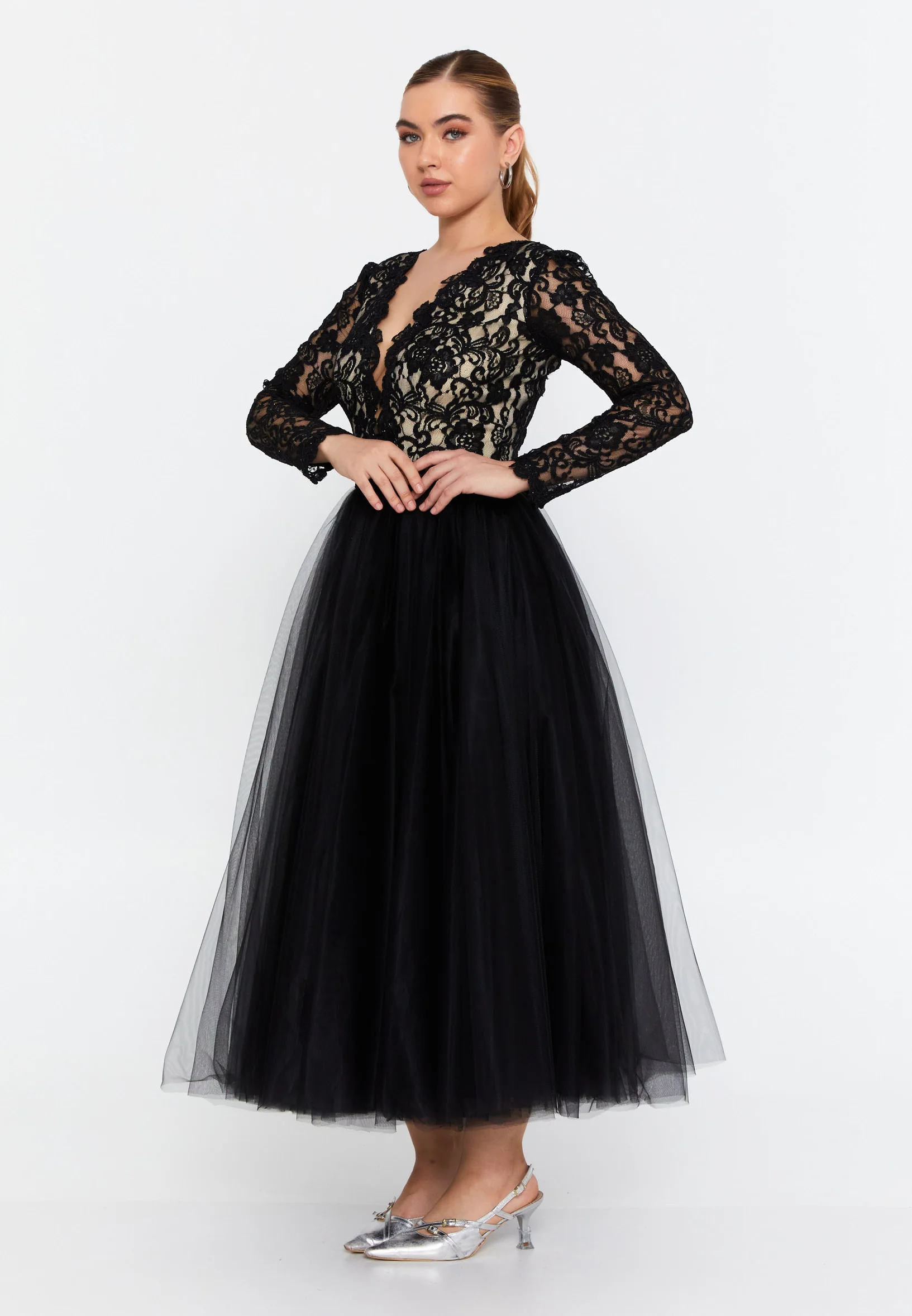 Long Sleeve Midi Tulle A - Line Regular Prom Dress prl732 - Image 3