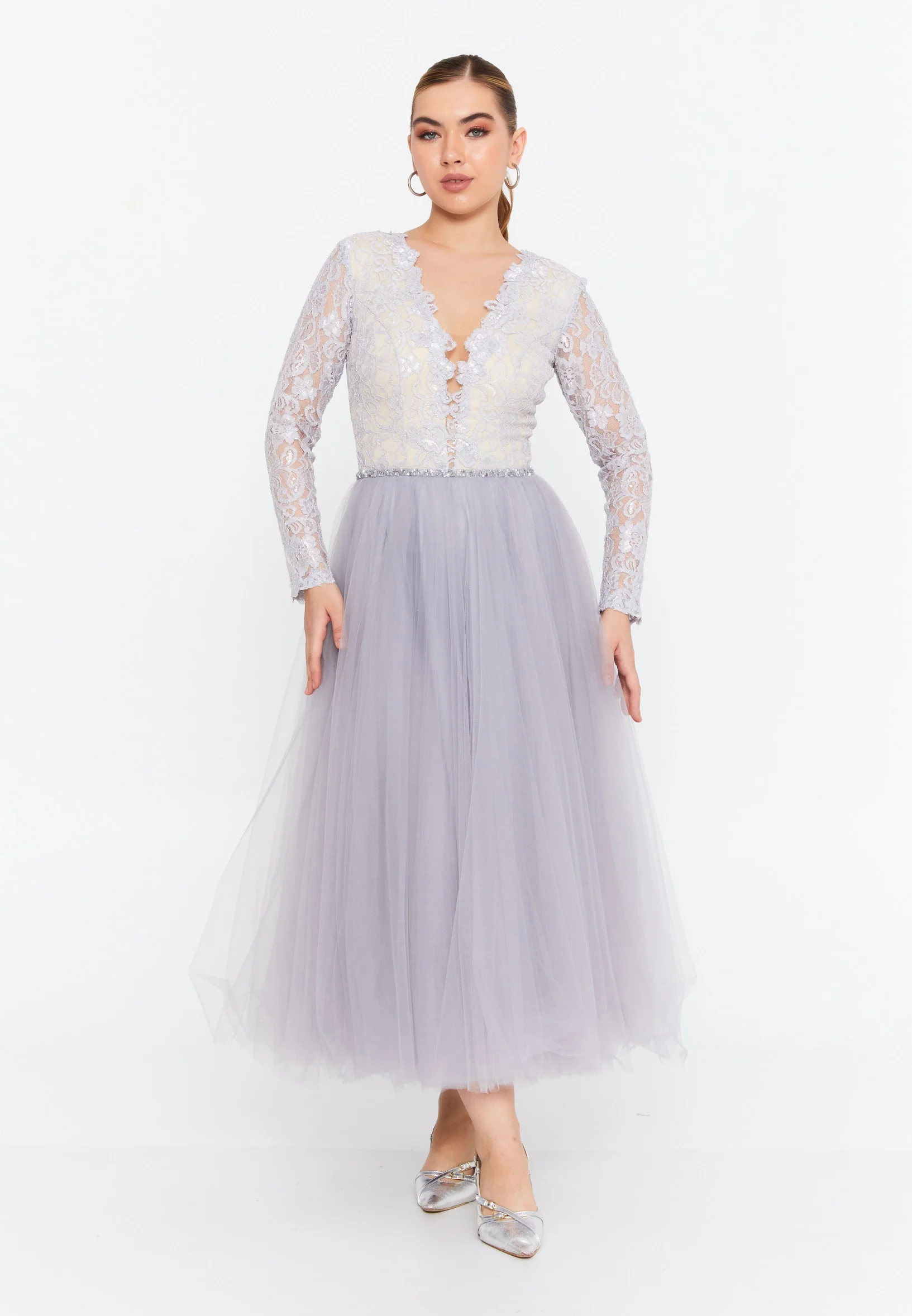 Long Sleeve Midi Tulle A - Line Regular Prom Dress prl732 - Image 5