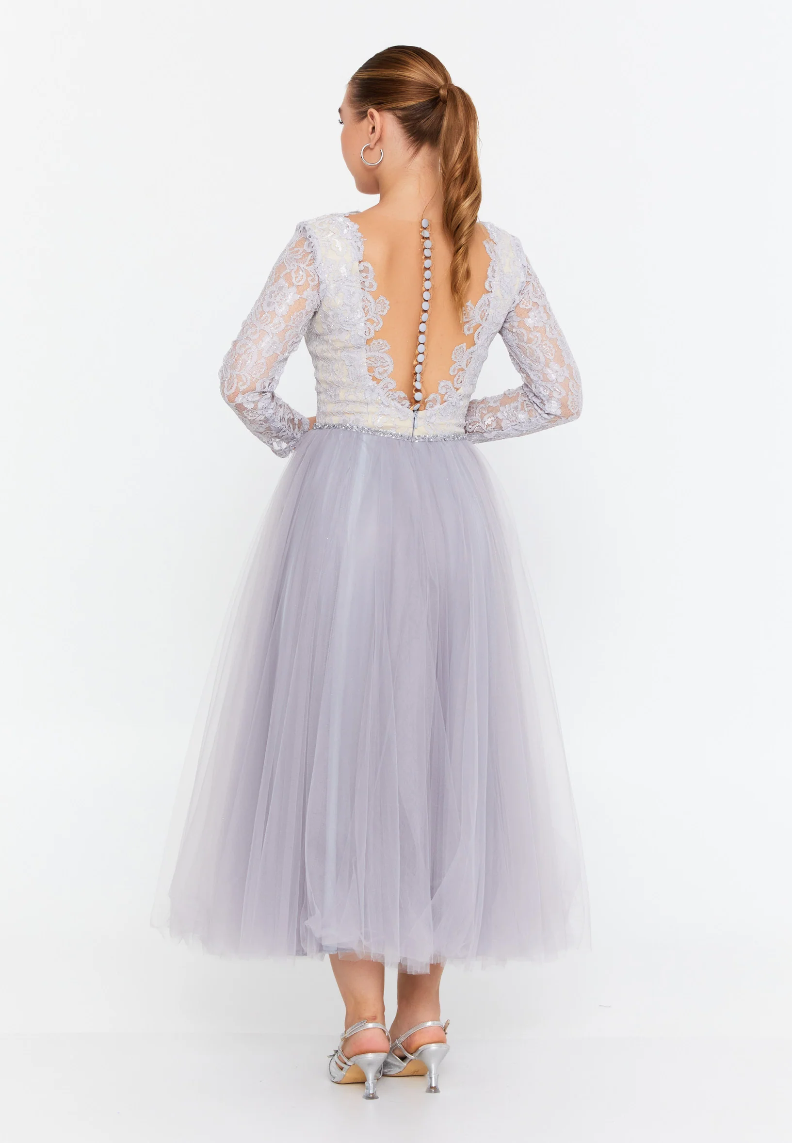 Long Sleeve Midi Tulle A - Line Regular Prom Dress prl732 - Image 6