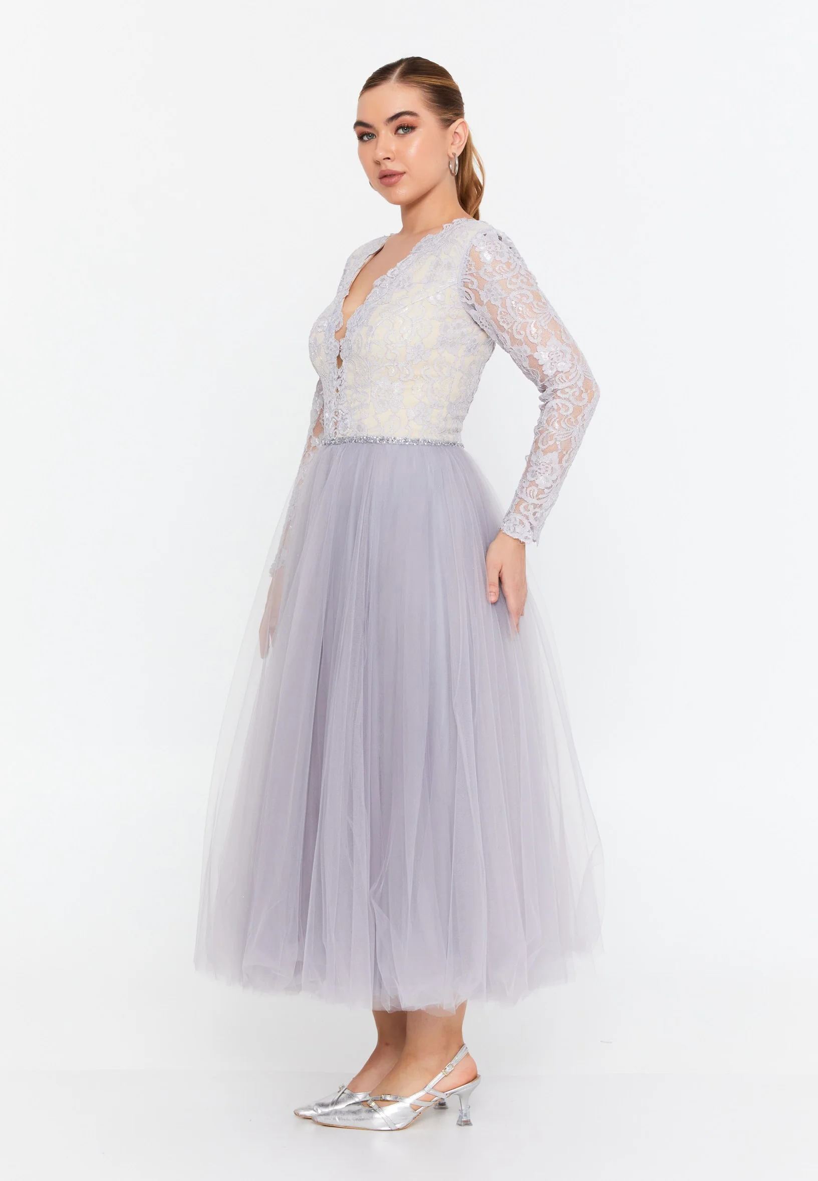 Long Sleeve Midi Tulle A - Line Regular Prom Dress prl732 - Image 7