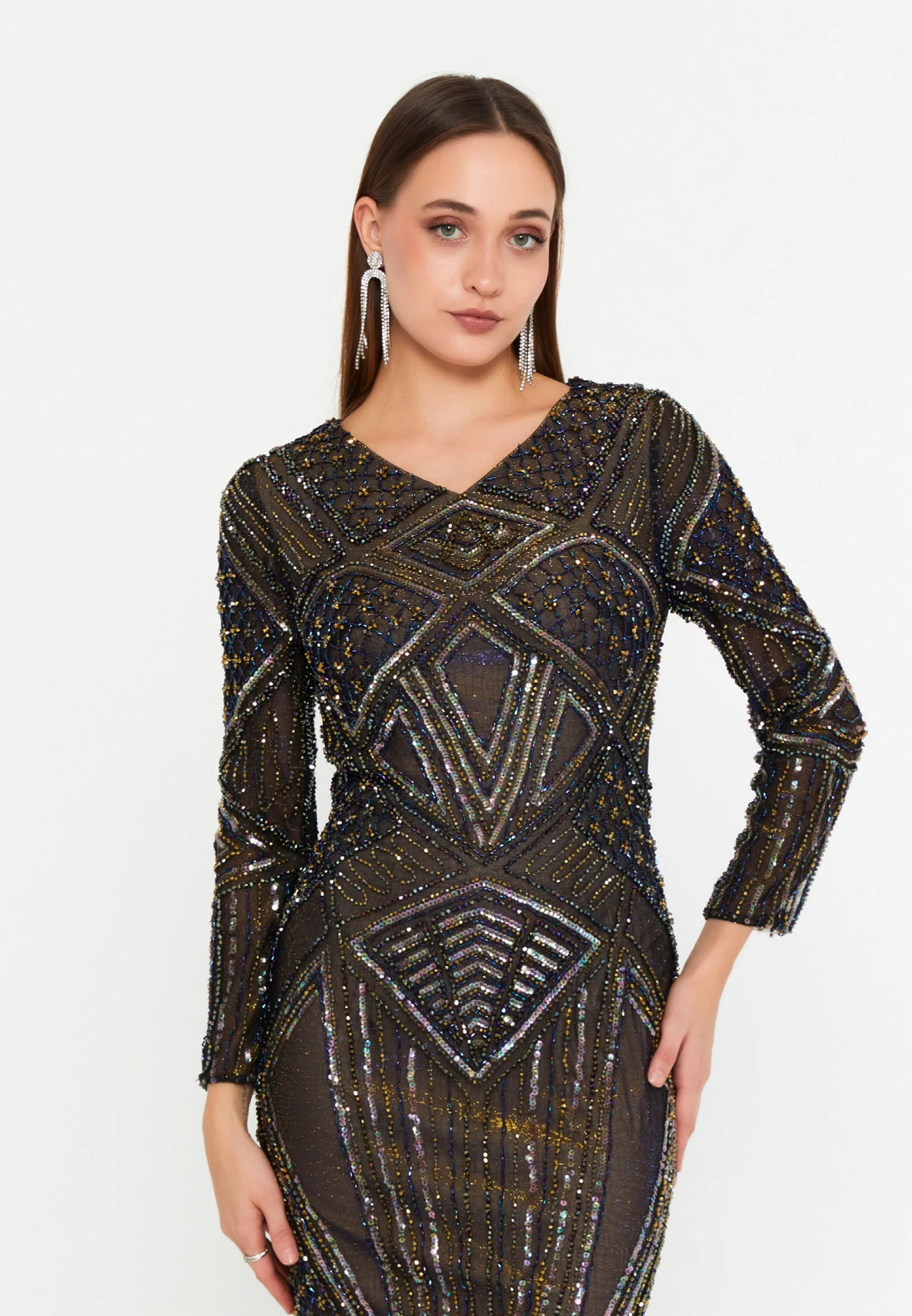 Long Sleeve Midi Tulle Column Regular Evening Dress mtc5176 - Image 4
