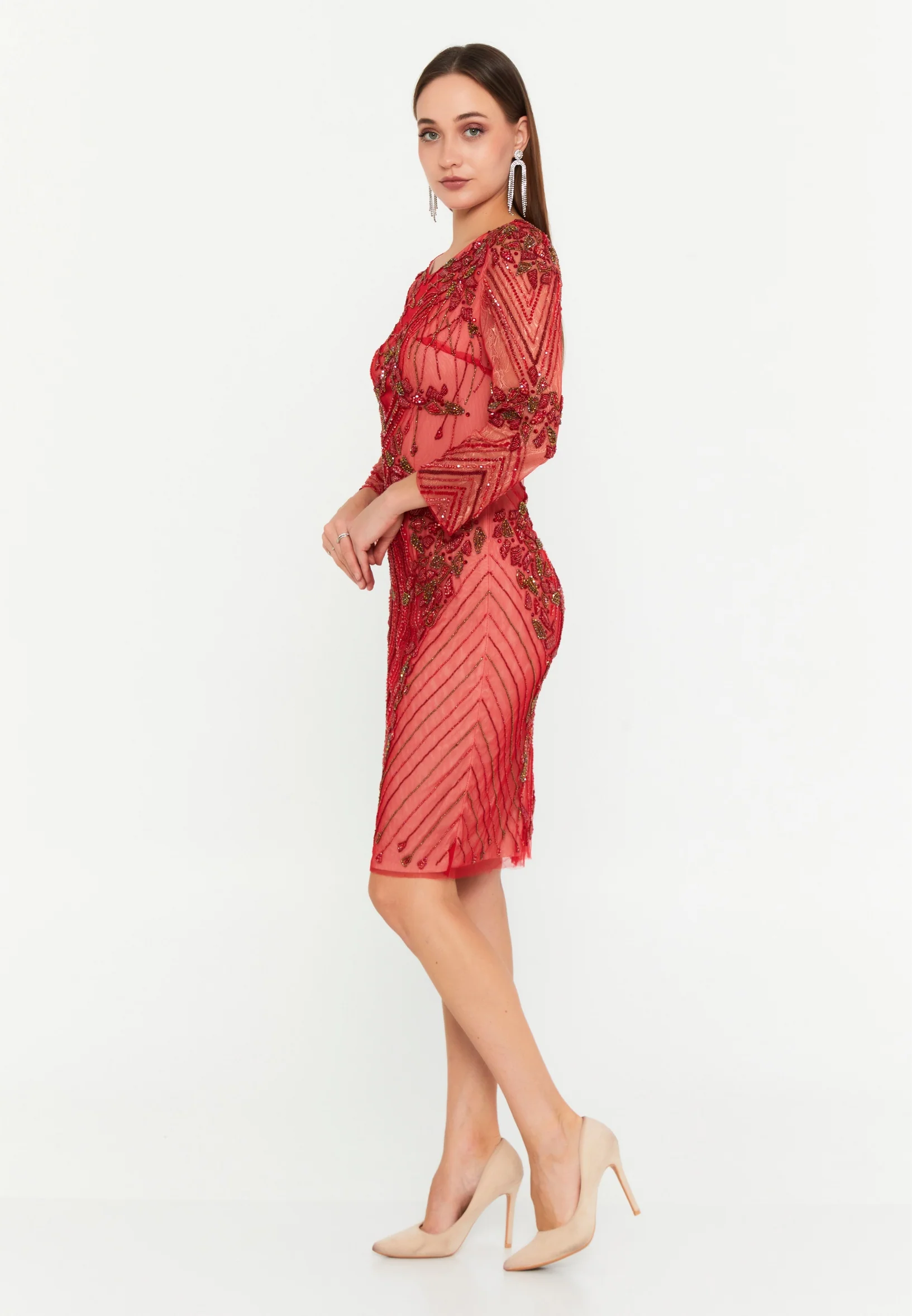 Long Sleeve Midi Tulle Column Regular Evening Dress mtc5177 - Image 3