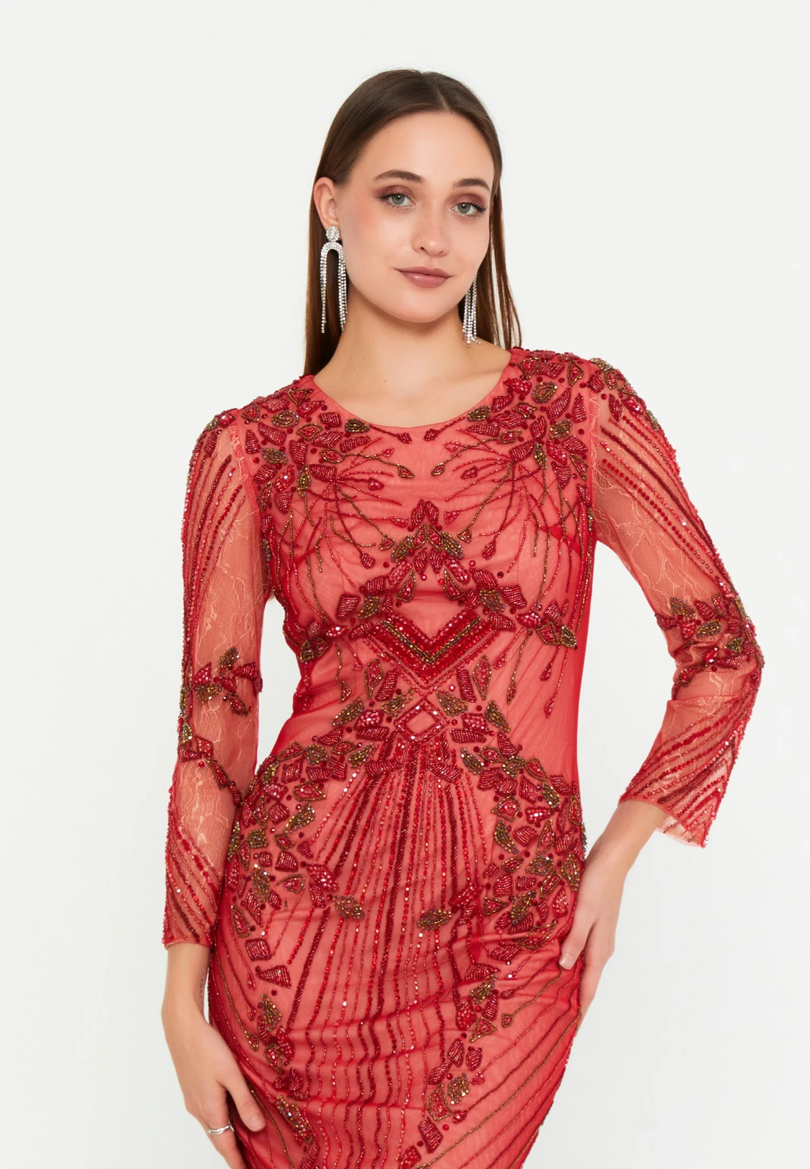 Long Sleeve Midi Tulle Column Regular Evening Dress mtc5177 - Image 4