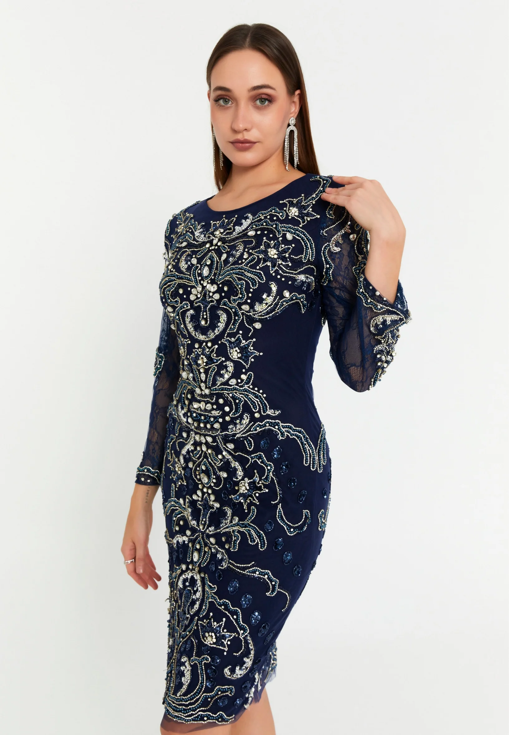 Long Sleeve Midi Tulle Column Regular Evening Dress mtc5179 - Image 5