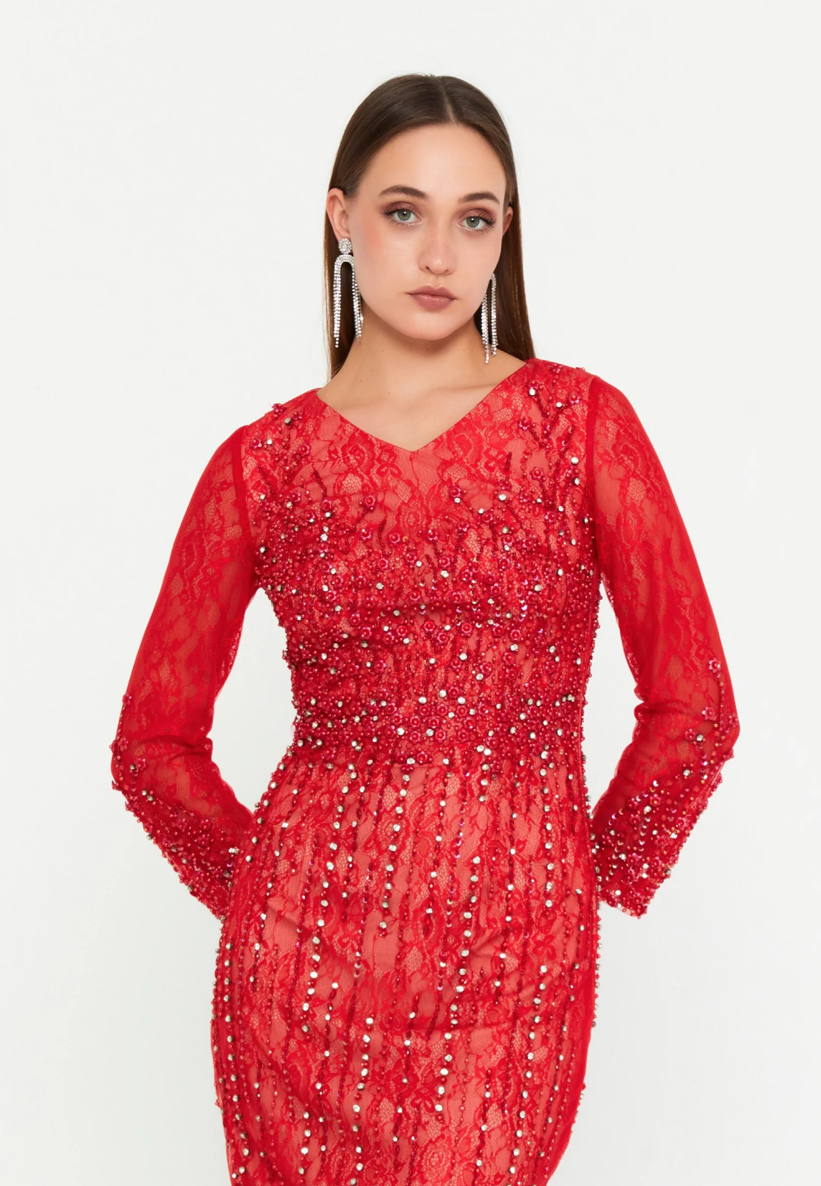 Long Sleeve Midi Tulle Column Regular Evening Dress mtc5180 - Image 8