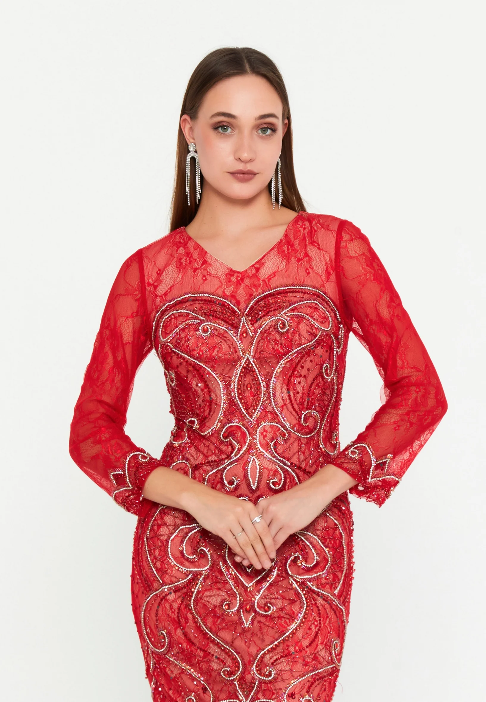 Long Sleeve Midi Tulle Column Regular Evening Dress mtc6241 - Image 8