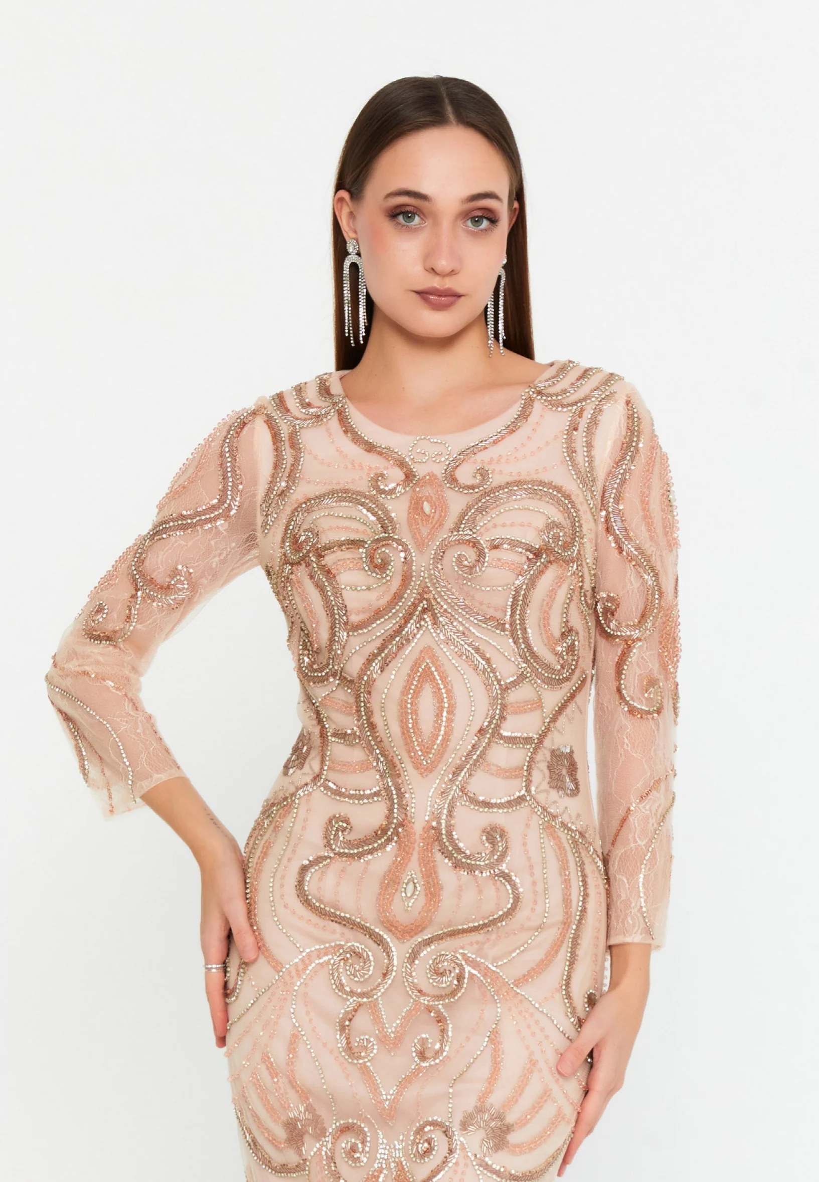 Long Sleeve Midi Tulle Column Regular Evening Dress mtcw151 - Image 8