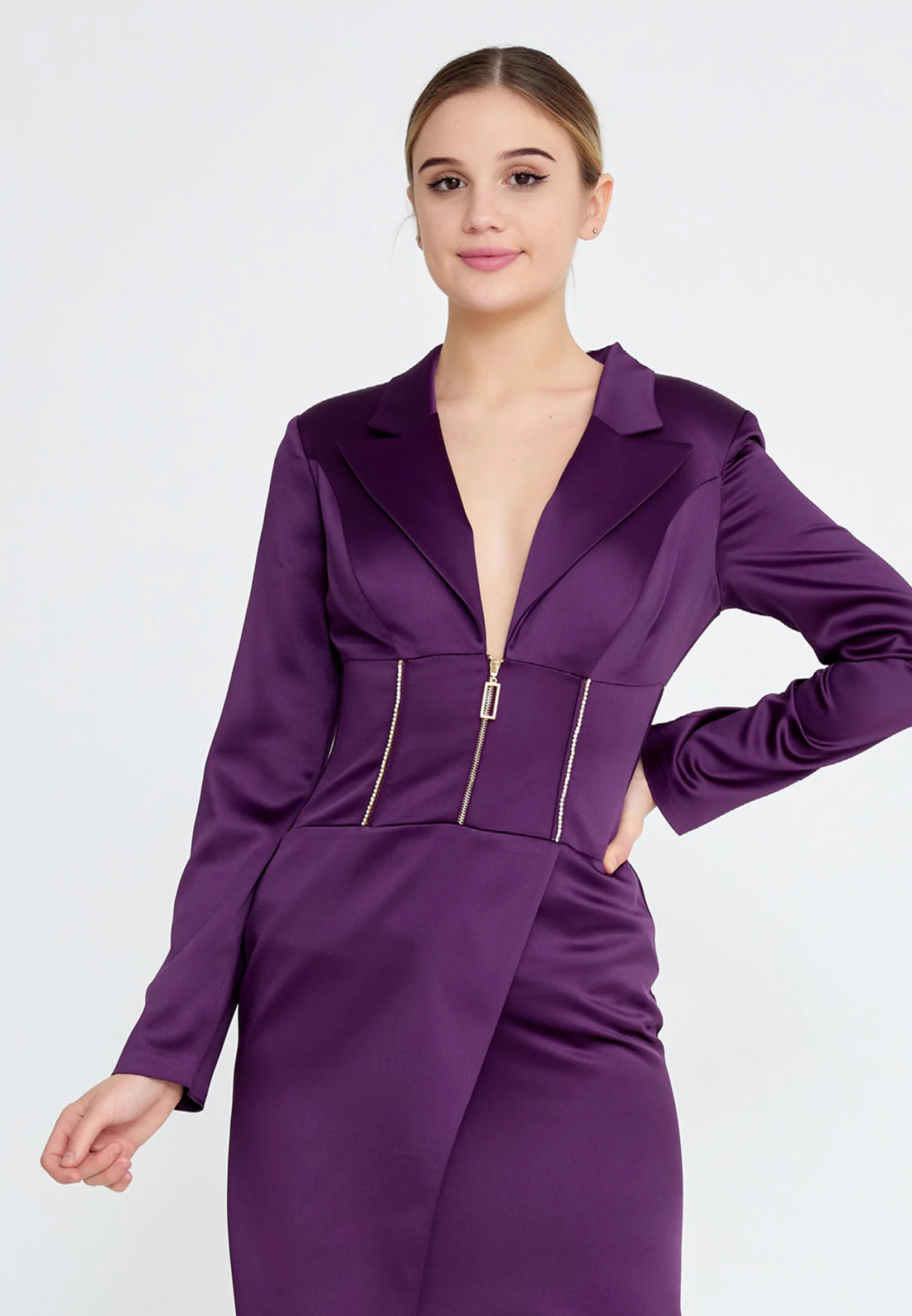 Long Sleeve Mini Satin Column Regular Evening Dress jnm21-153 - Image 16