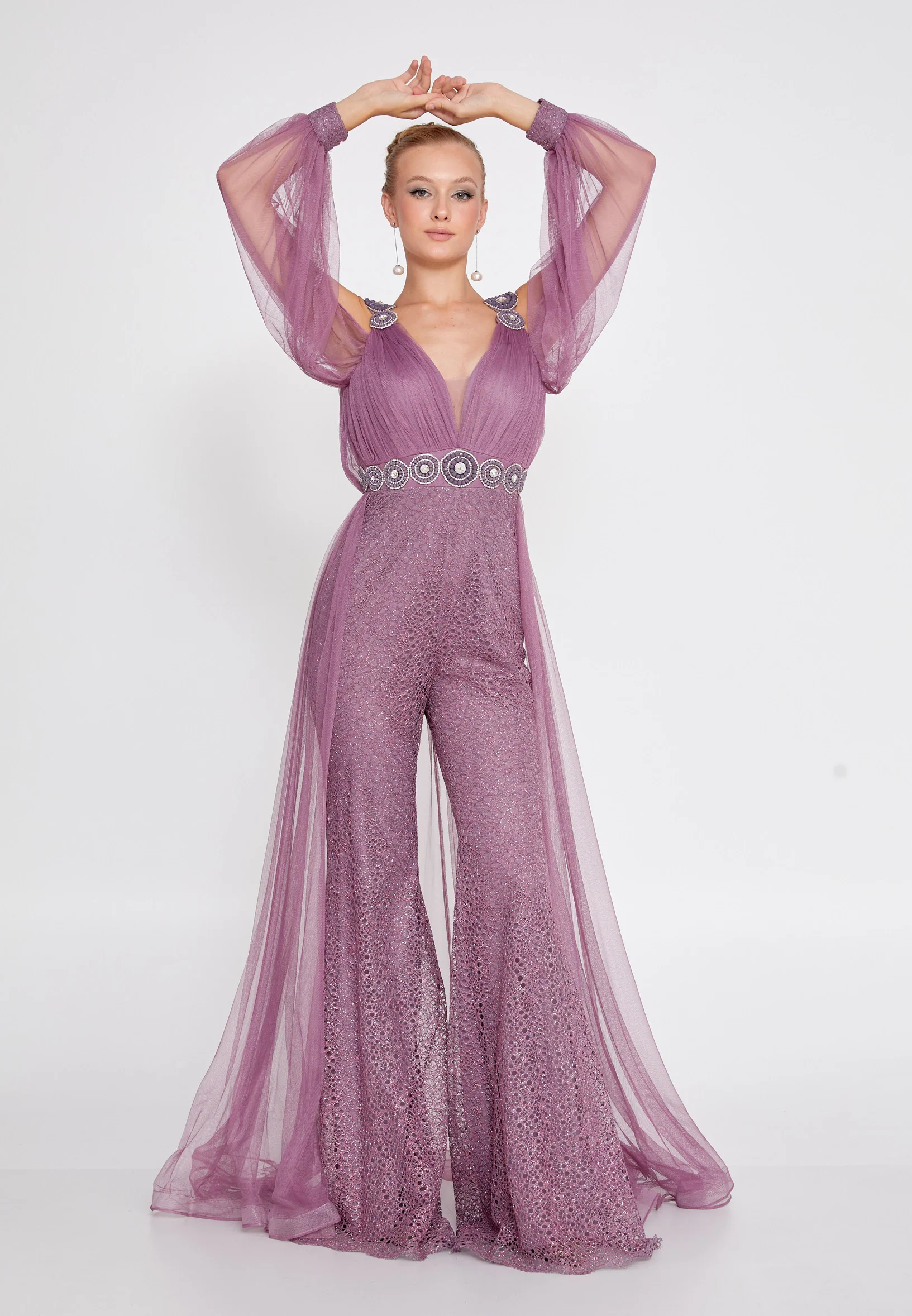 Long Sleeve Tulle Regular Fit Regular Evening Jumpsuit dkl628