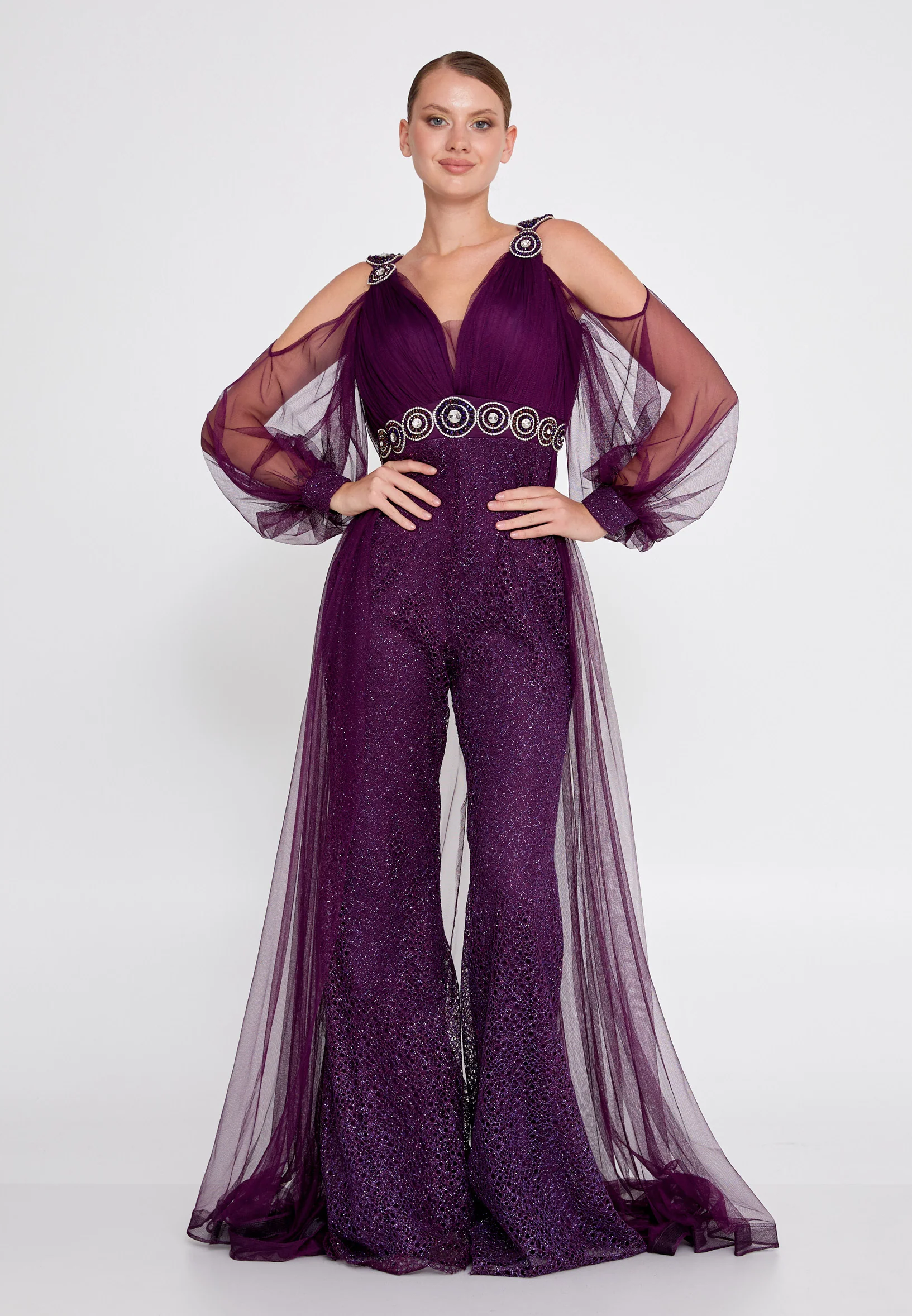 Long Sleeve Tulle Regular Fit Regular Evening Jumpsuit dkl628 - Image 13