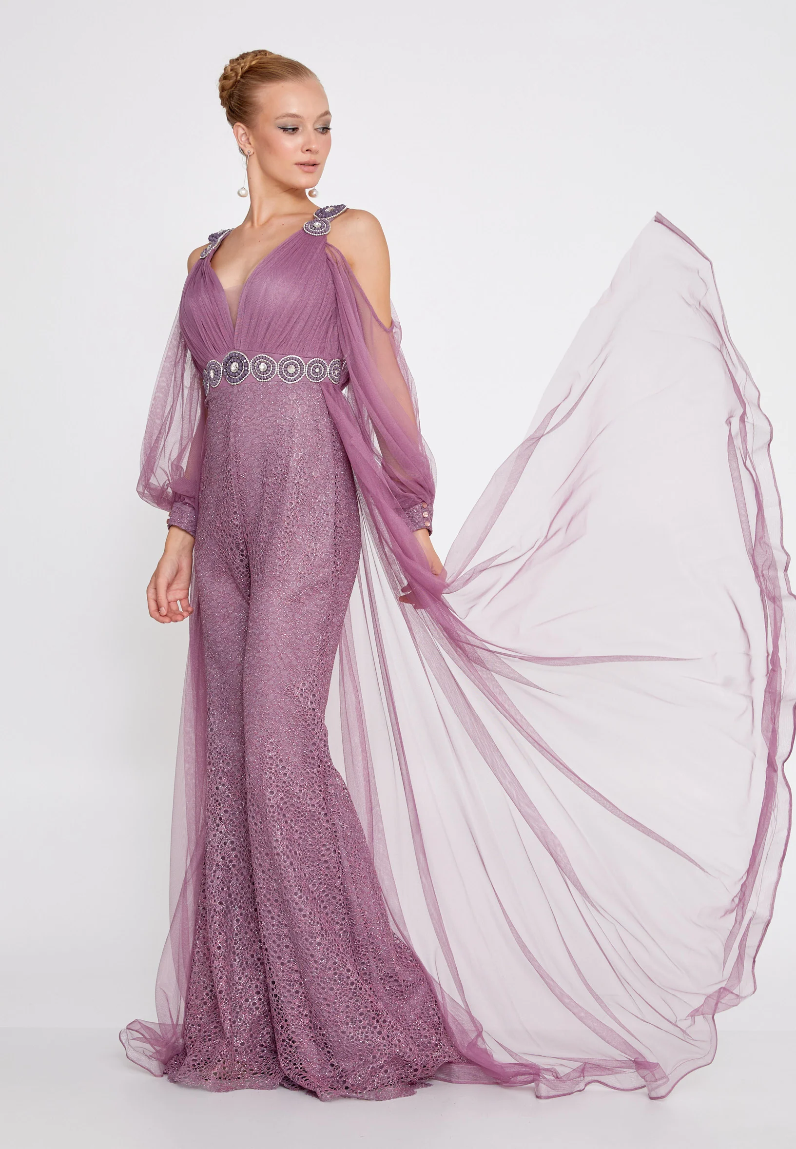 Long Sleeve Tulle Regular Fit Regular Evening Jumpsuit dkl628 - Image 3