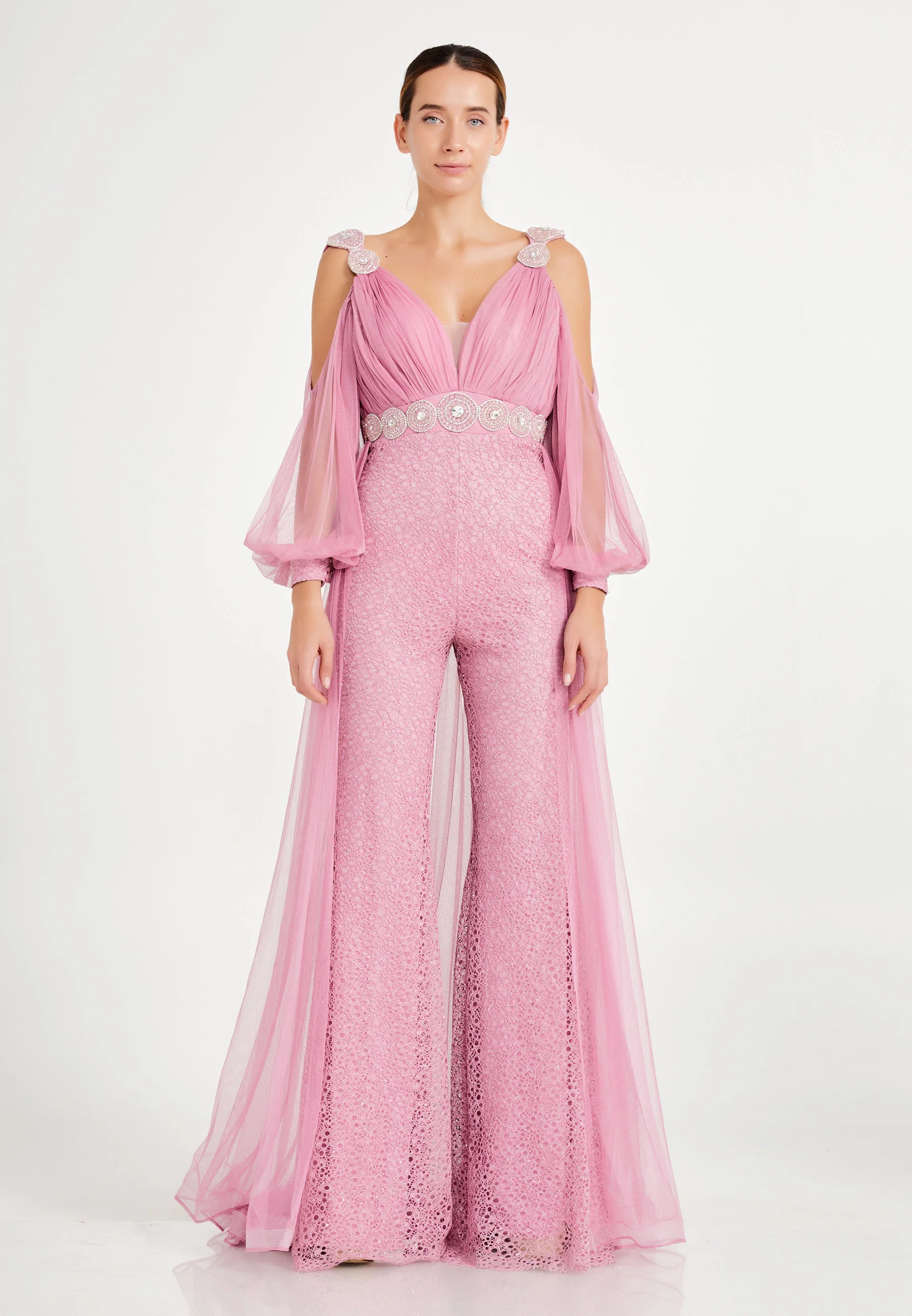 Long Sleeve Tulle Regular Fit Regular Evening Jumpsuit dkl628 - Image 9