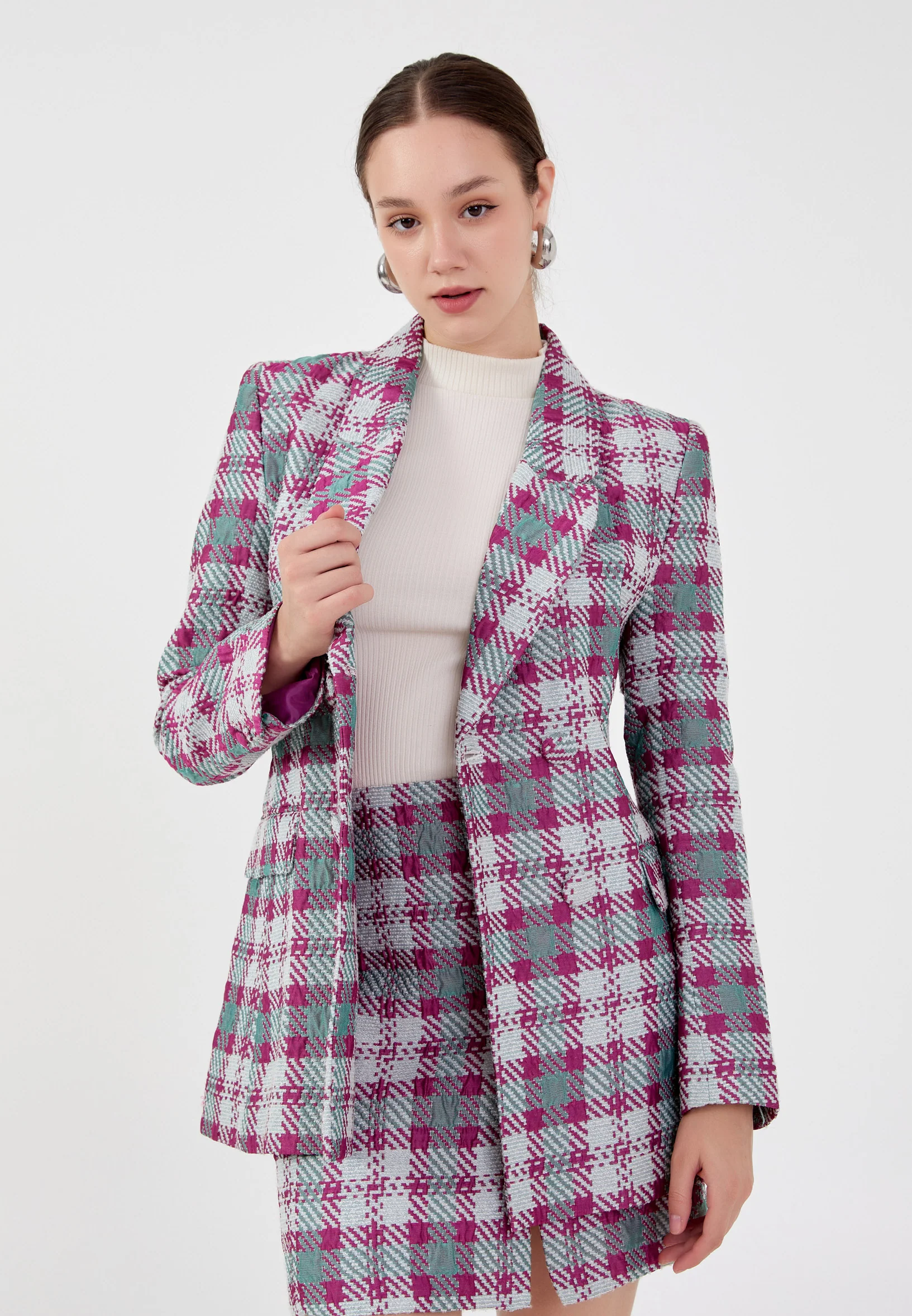Long Sleeve Wool Plaid Regular Jacket ber23k1114 - Image 11
