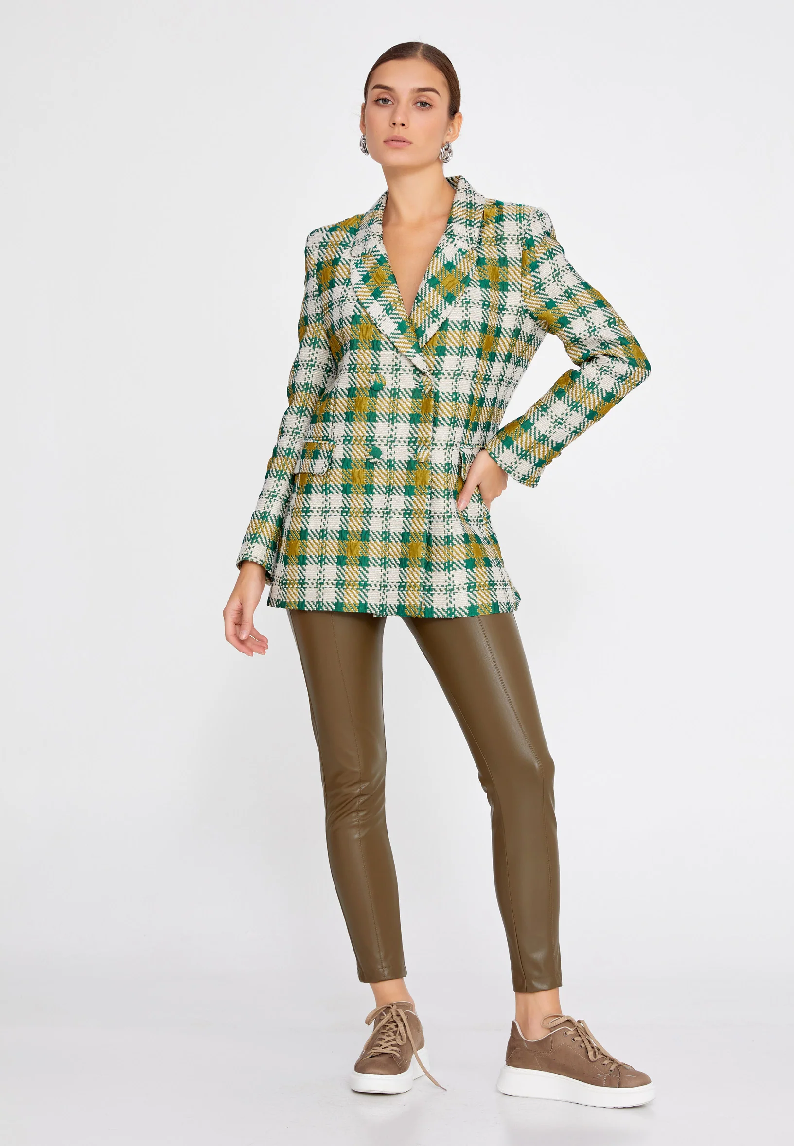 Long Sleeve Wool Plaid Regular Jacket ber23k1114 - Image 2