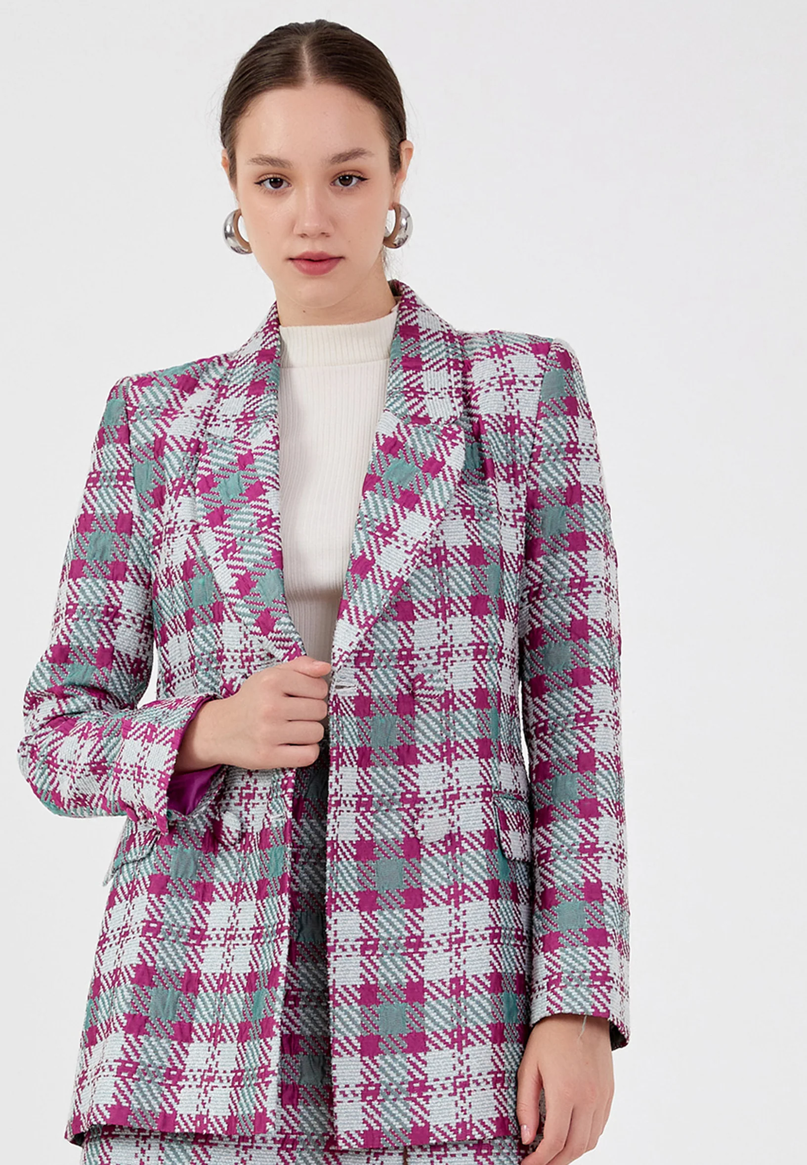 Long Sleeve Wool Plaid Regular Jacket ber23k1114 - Image 5