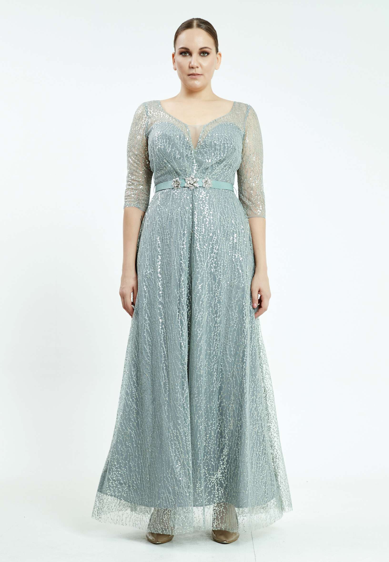 Mid-Length Maxi Tulle Column Plus Size Prom Dress srn8297-b
