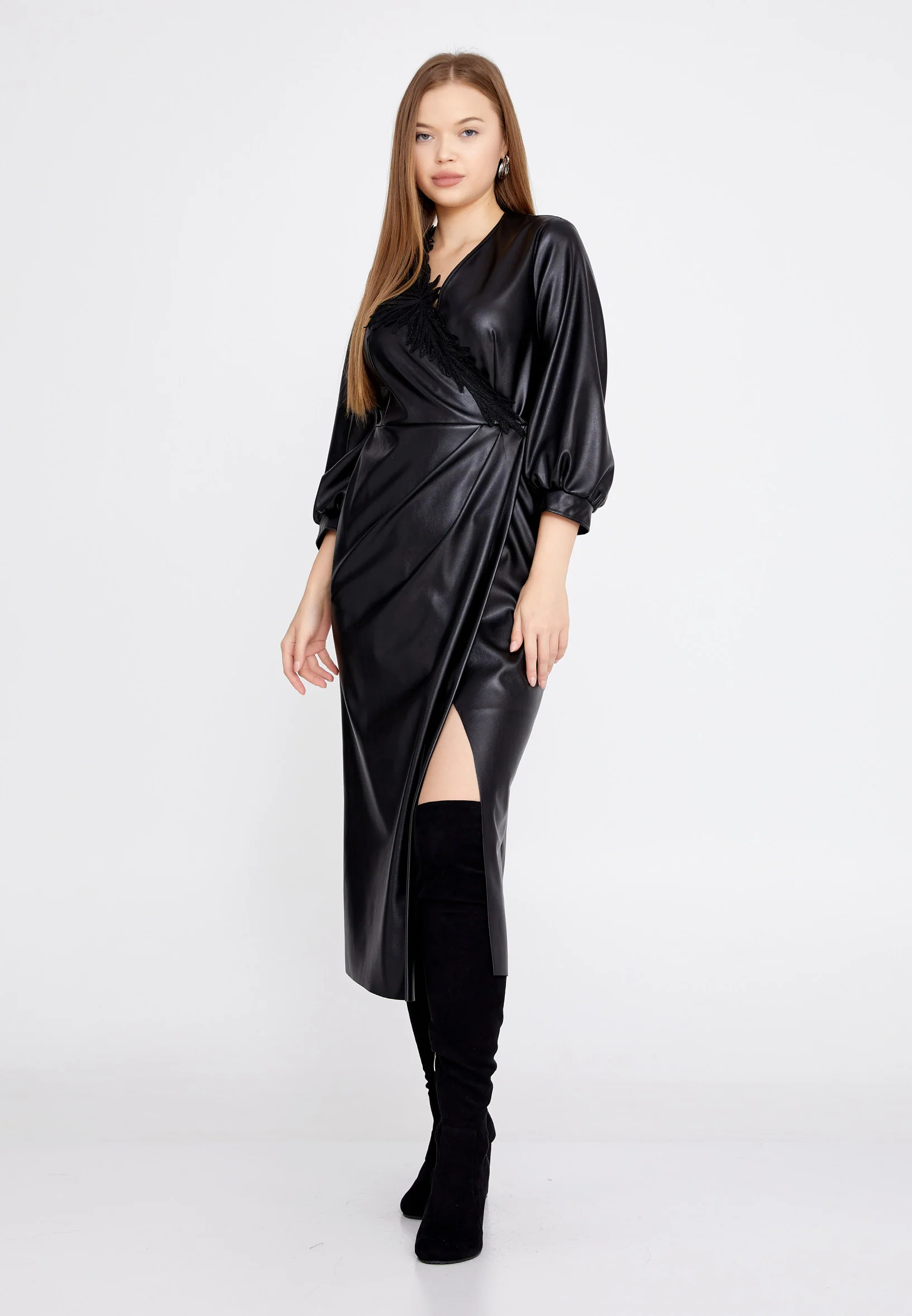 Mid-Length Midi Faux Leather Column Regular Casual Dress kmy22w40851