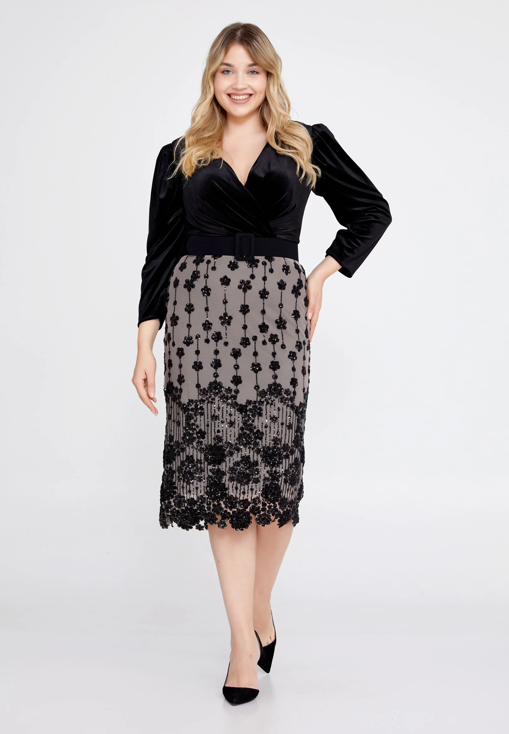 Mid-Length Midi Velvet Column Regular Evening Dress she7015-1cicekli