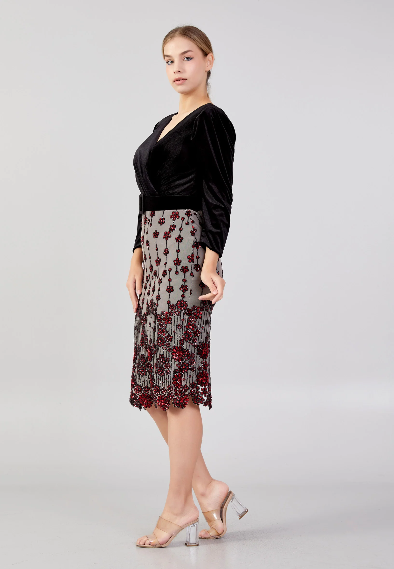 Mid-Length Midi Velvet Column Regular Evening Dress she7015-1cicekli - Image 11