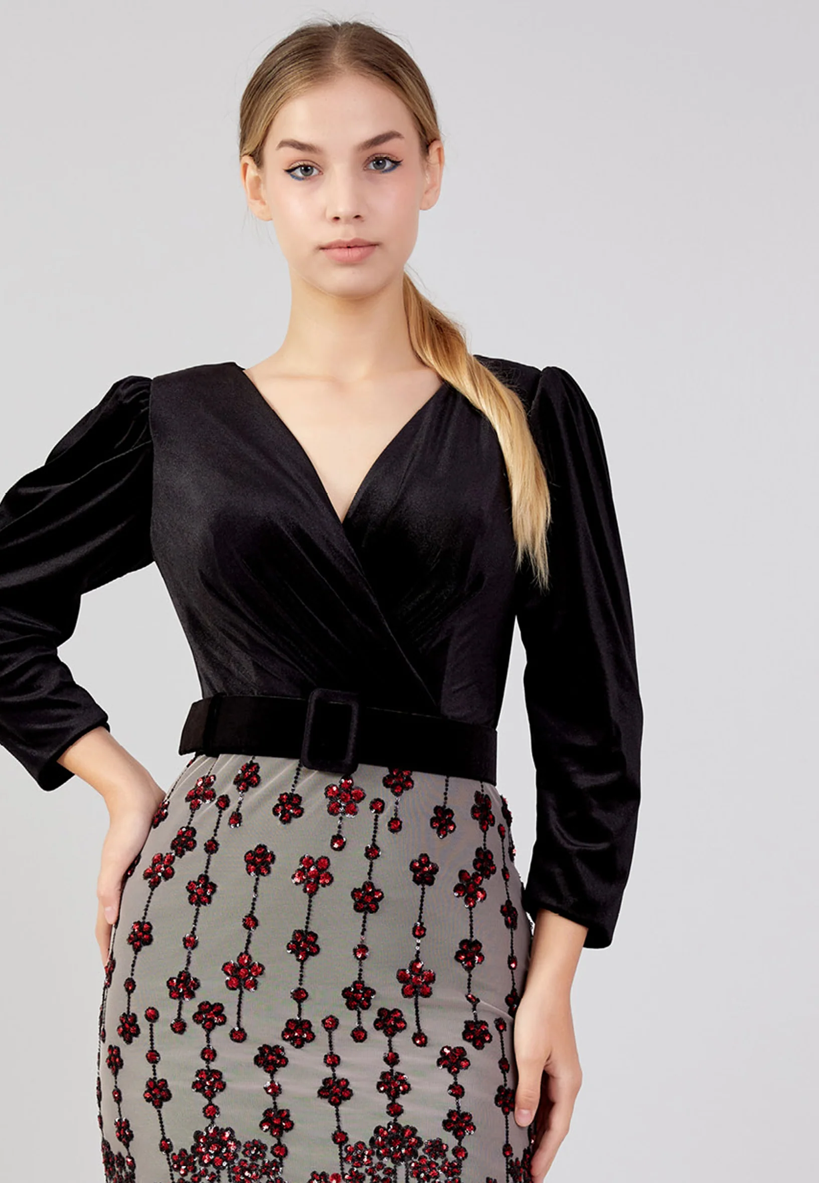 Mid-Length Midi Velvet Column Regular Evening Dress she7015-1cicekli - Image 12