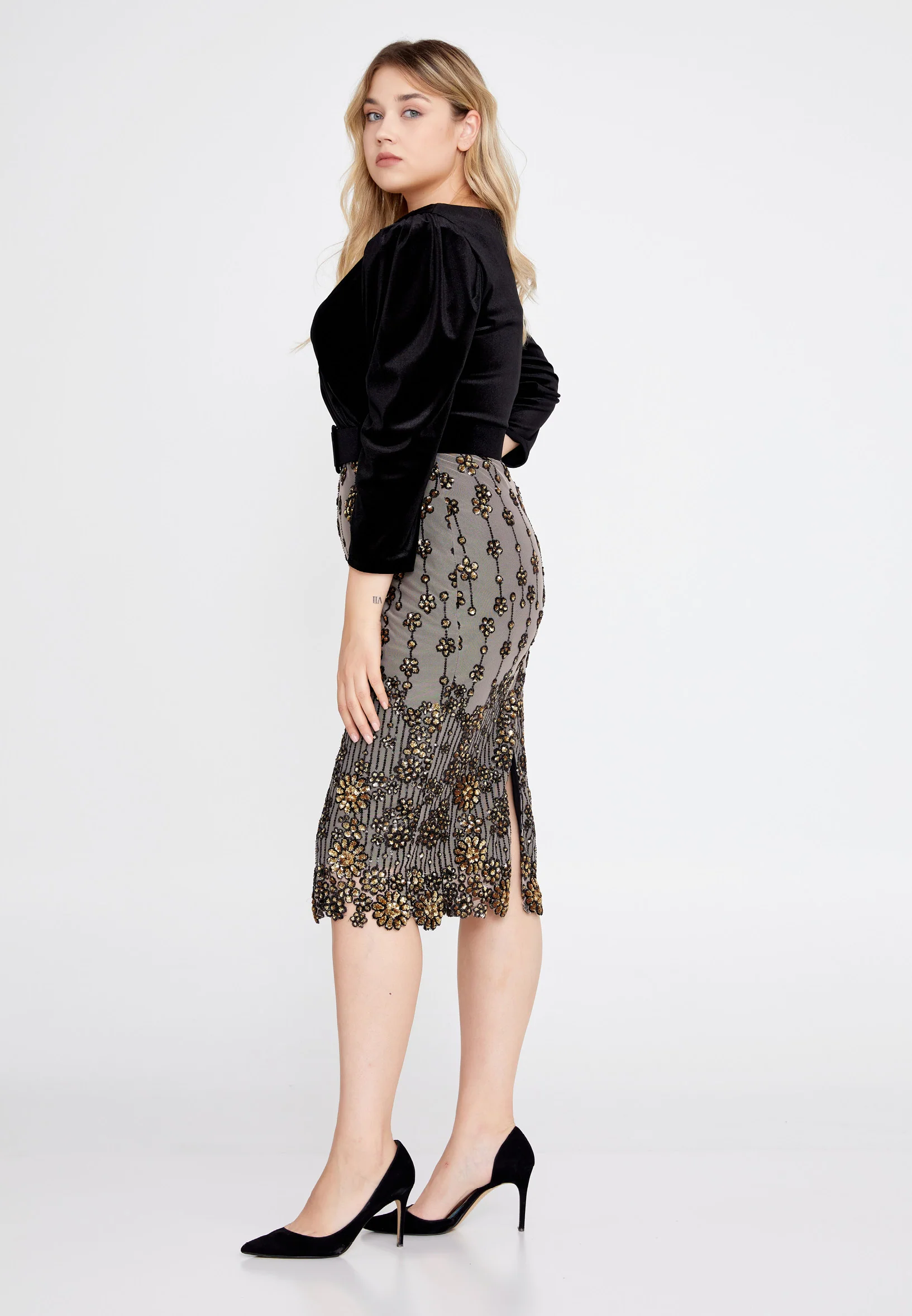 Mid-Length Midi Velvet Column Regular Evening Dress she7015-1cicekli - Image 7