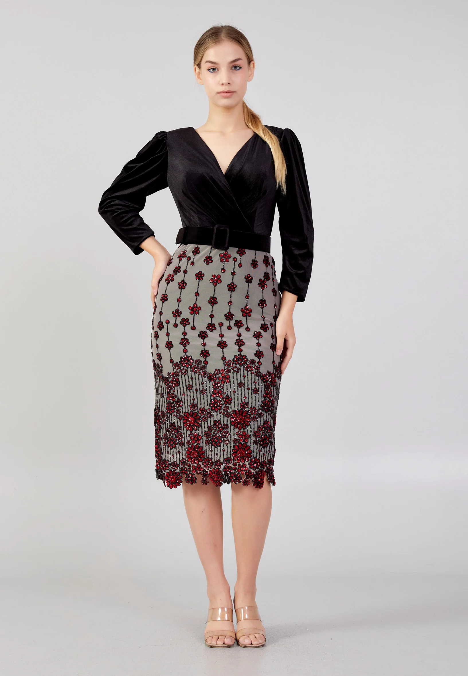 Mid-Length Midi Velvet Column Regular Evening Dress she7015-1cicekli - Image 9
