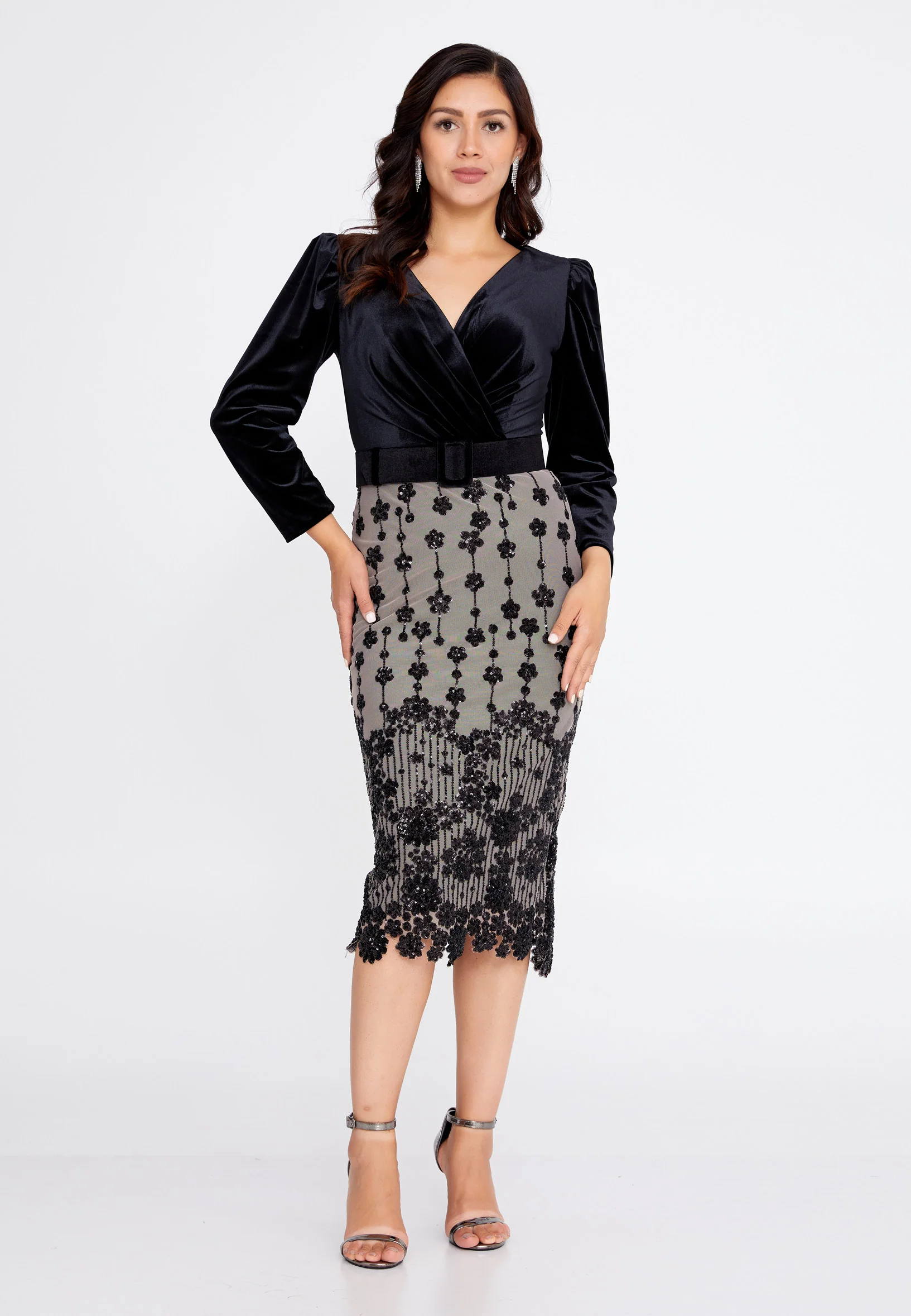 Mid-Length Midi Velvet Column Regular Evening Dress she7015-cicekli