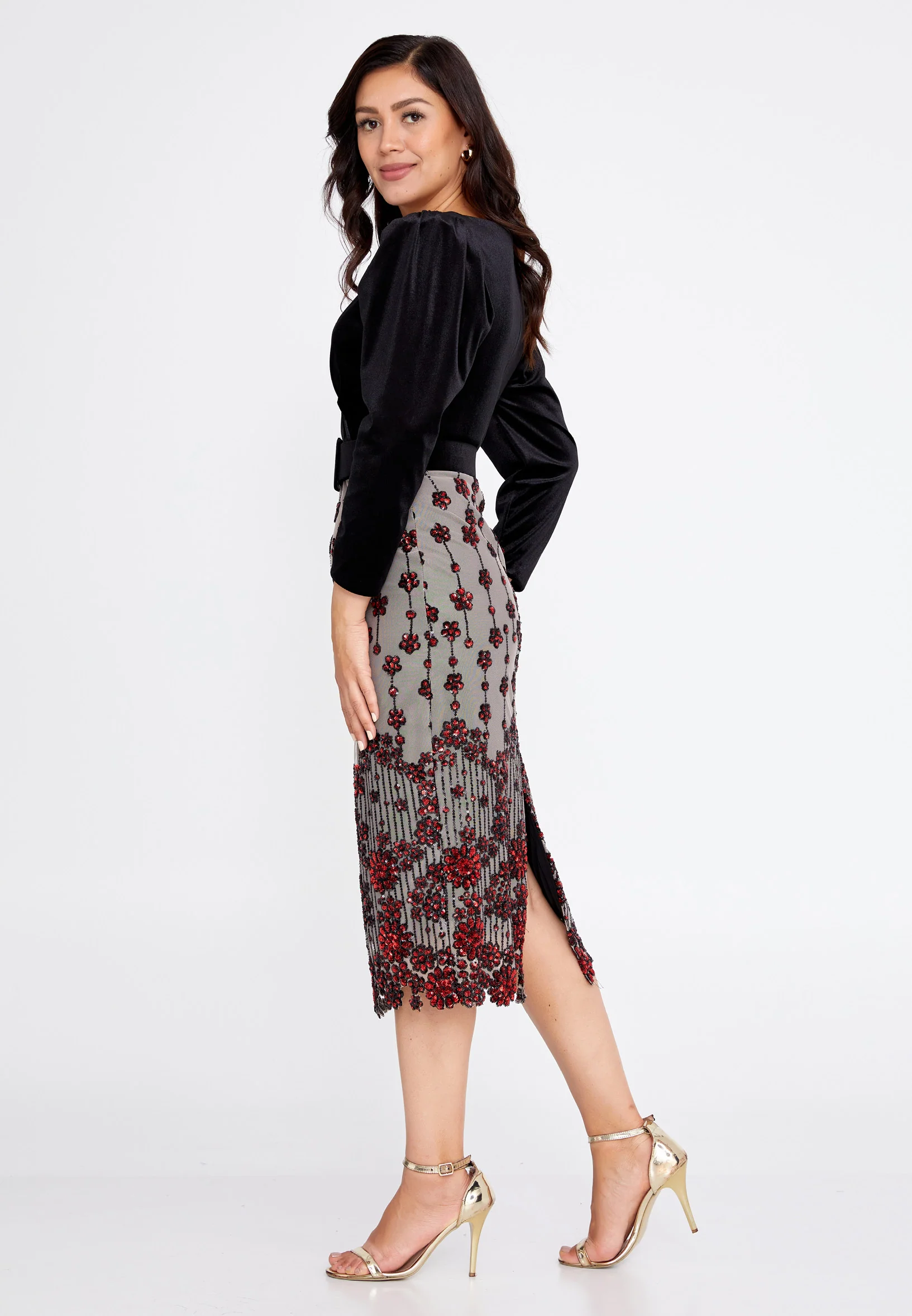 Mid-Length Midi Velvet Column Regular Evening Dress she7015-cicekli - Image 7