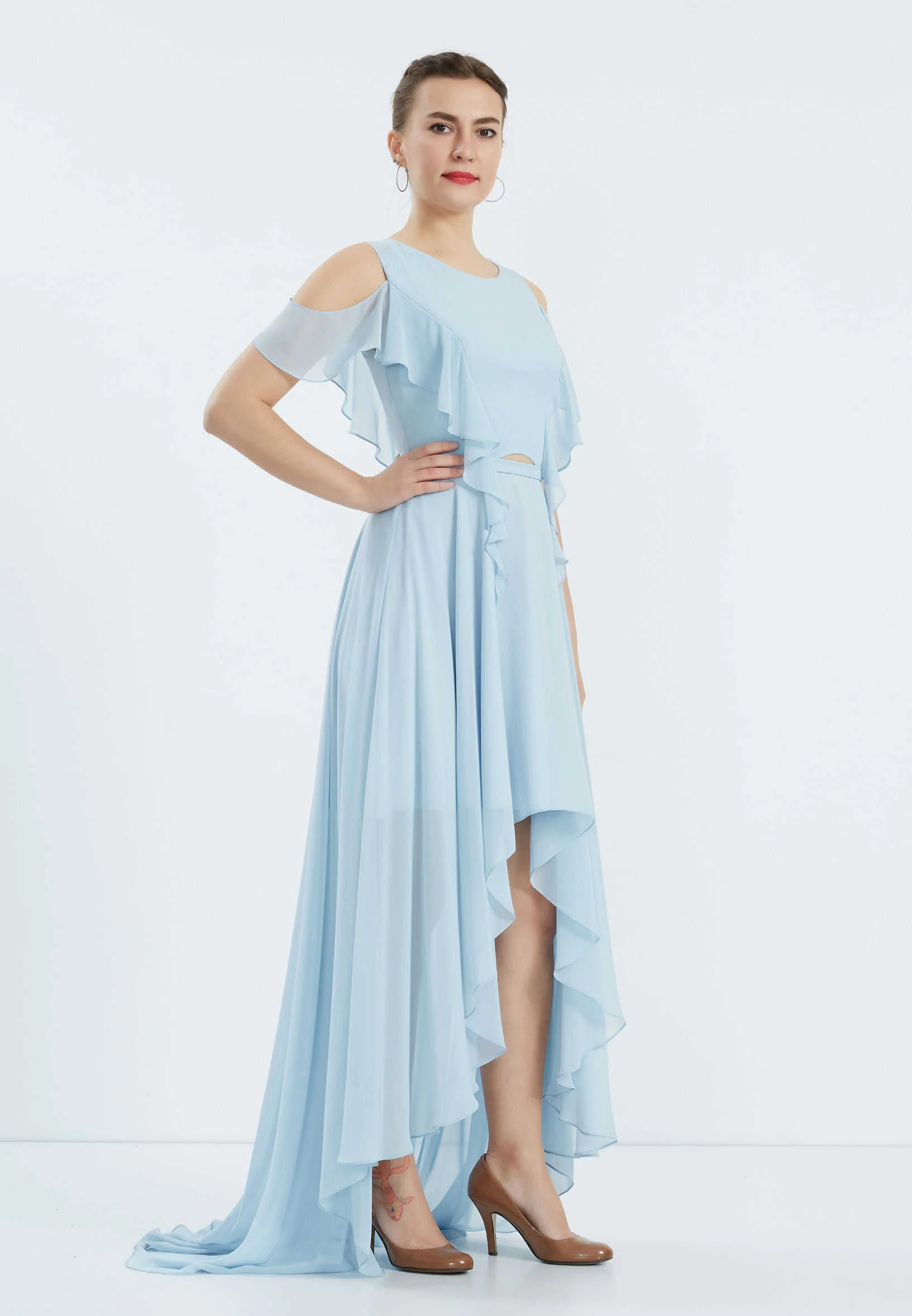 Off Shoulder High-Low Chiffon Column Regular Wedding Guest Dress oli7237 - Image 3