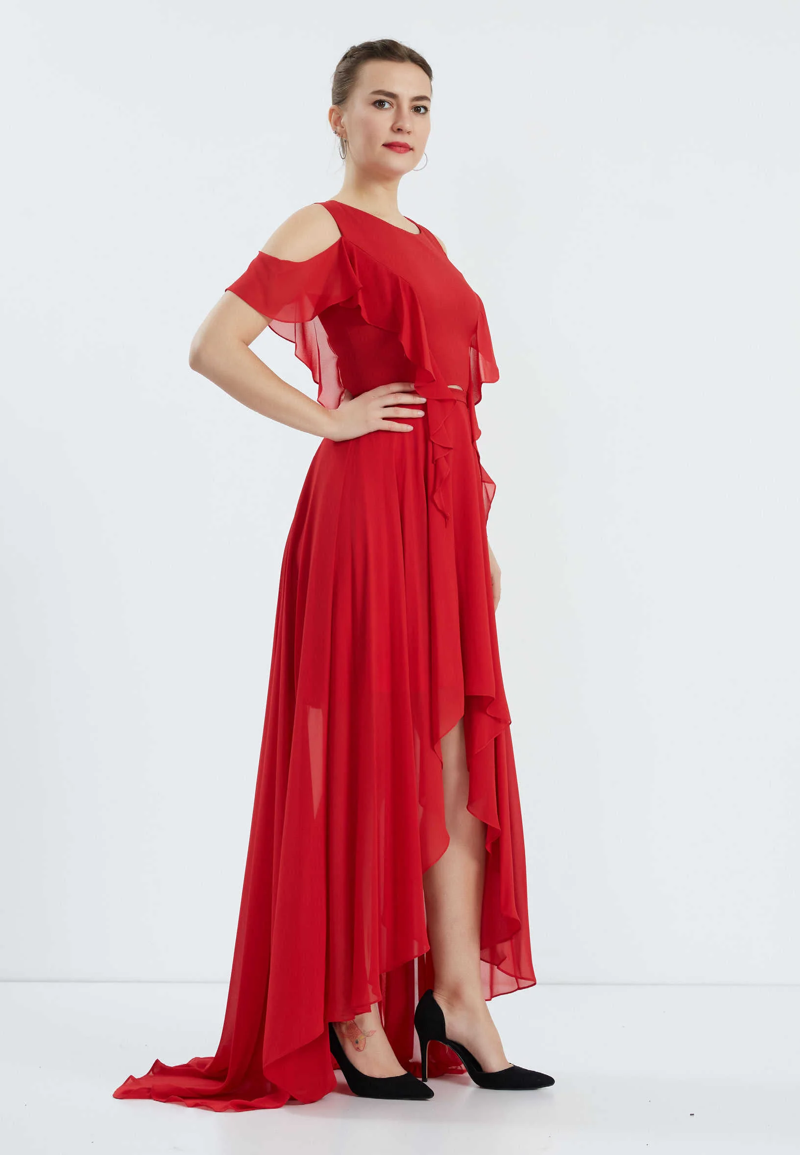 Off Shoulder High-Low Chiffon Column Regular Wedding Guest Dress oli7237 - Image 7