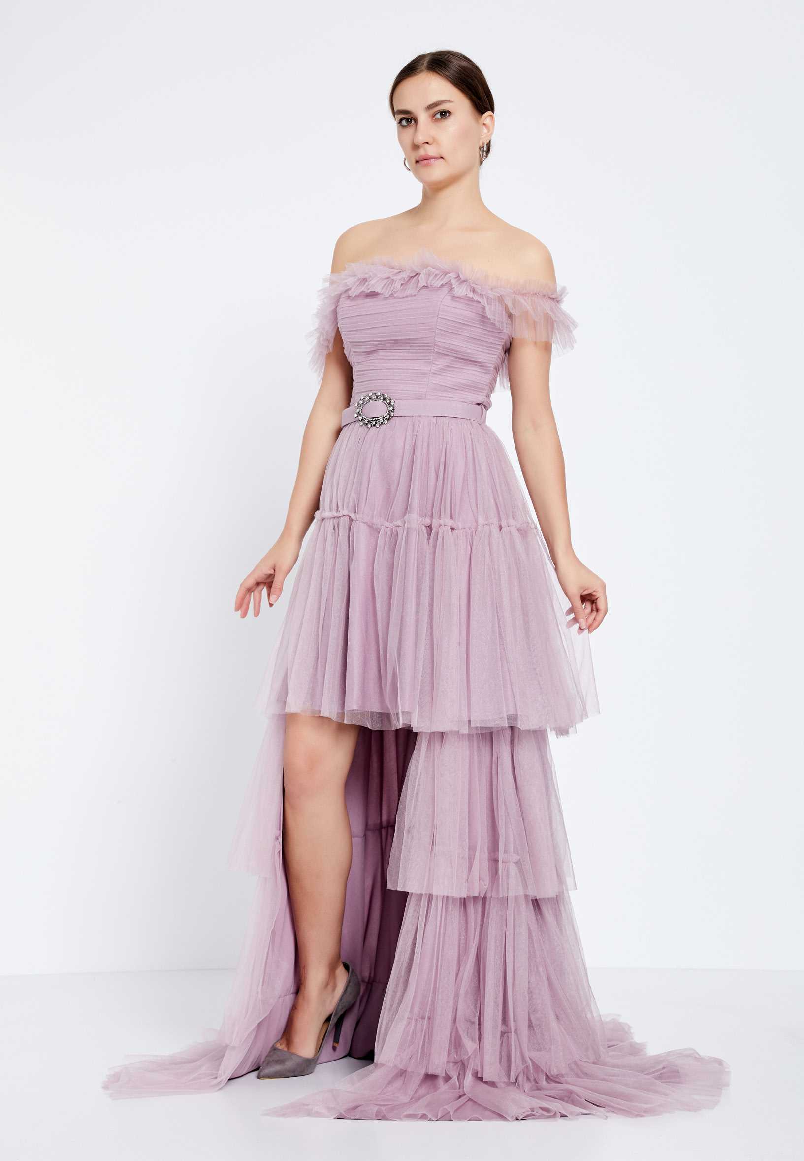 Off Shoulder High-Low Tulle A - Line Regular Prom Dress brq1253 - Image 11