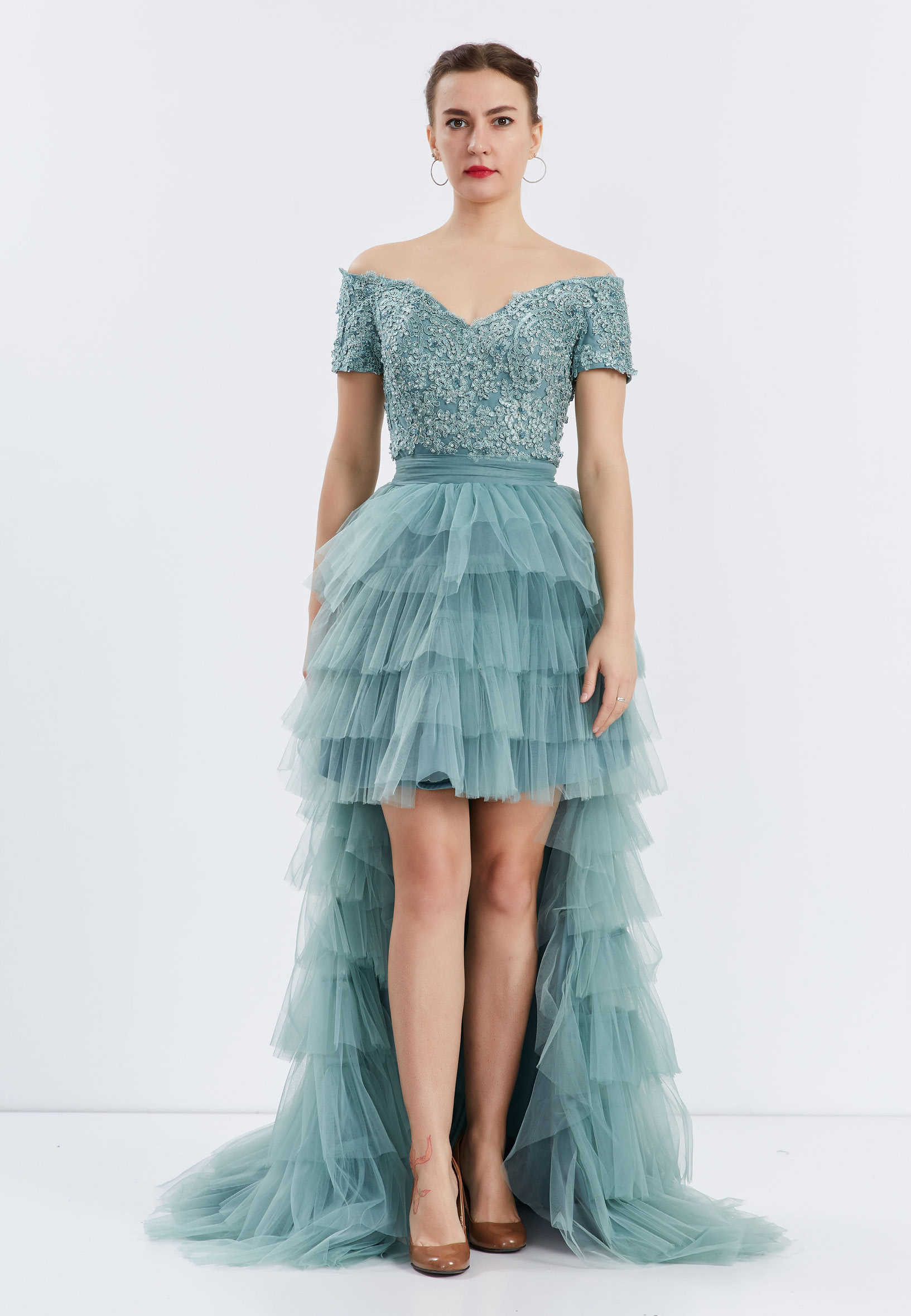 Off Shoulder High-Low Tulle A - Line Regular Prom Dress oli00546