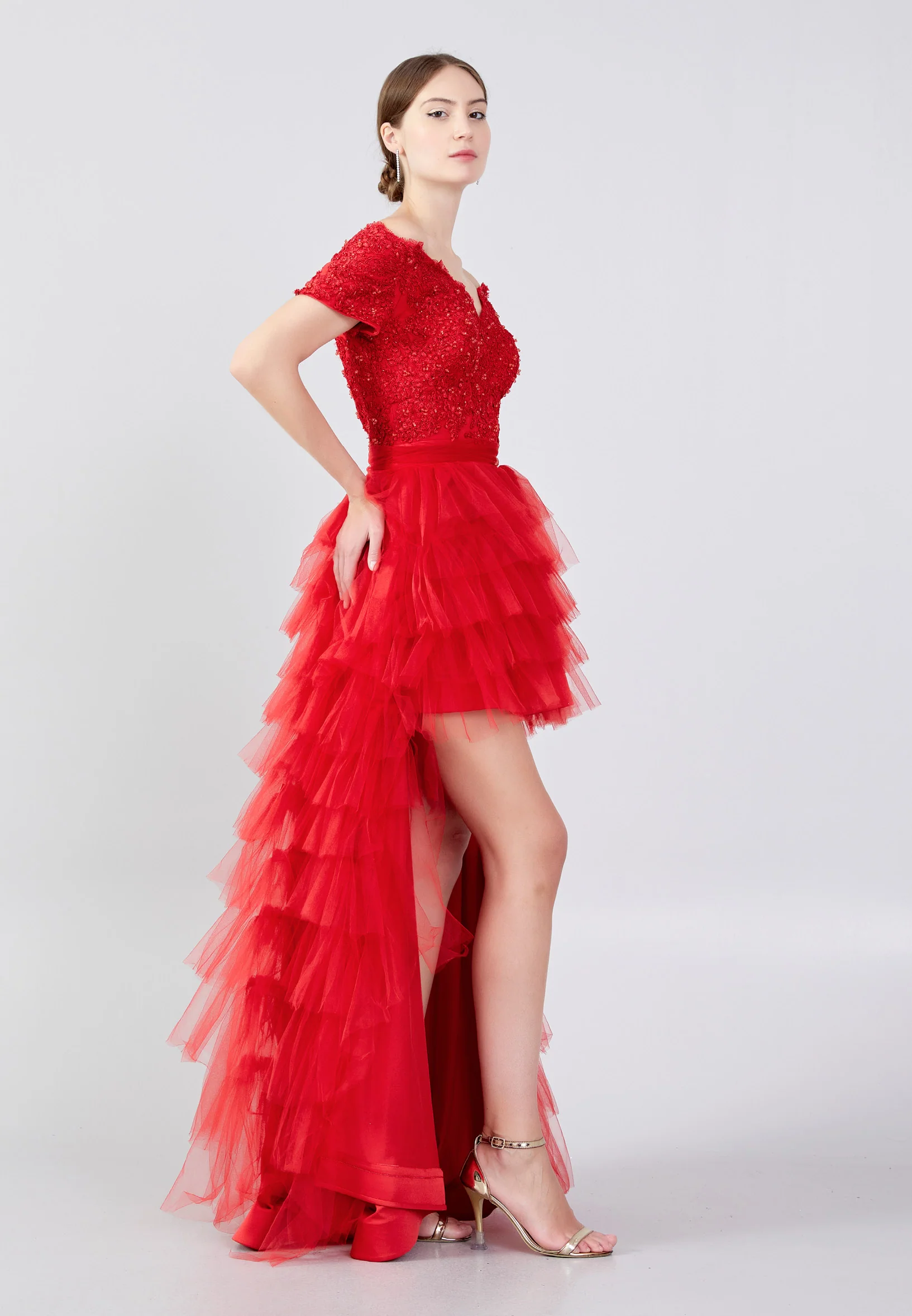 Off Shoulder High-Low Tulle A - Line Regular Prom Dress oli00546 - Image 11