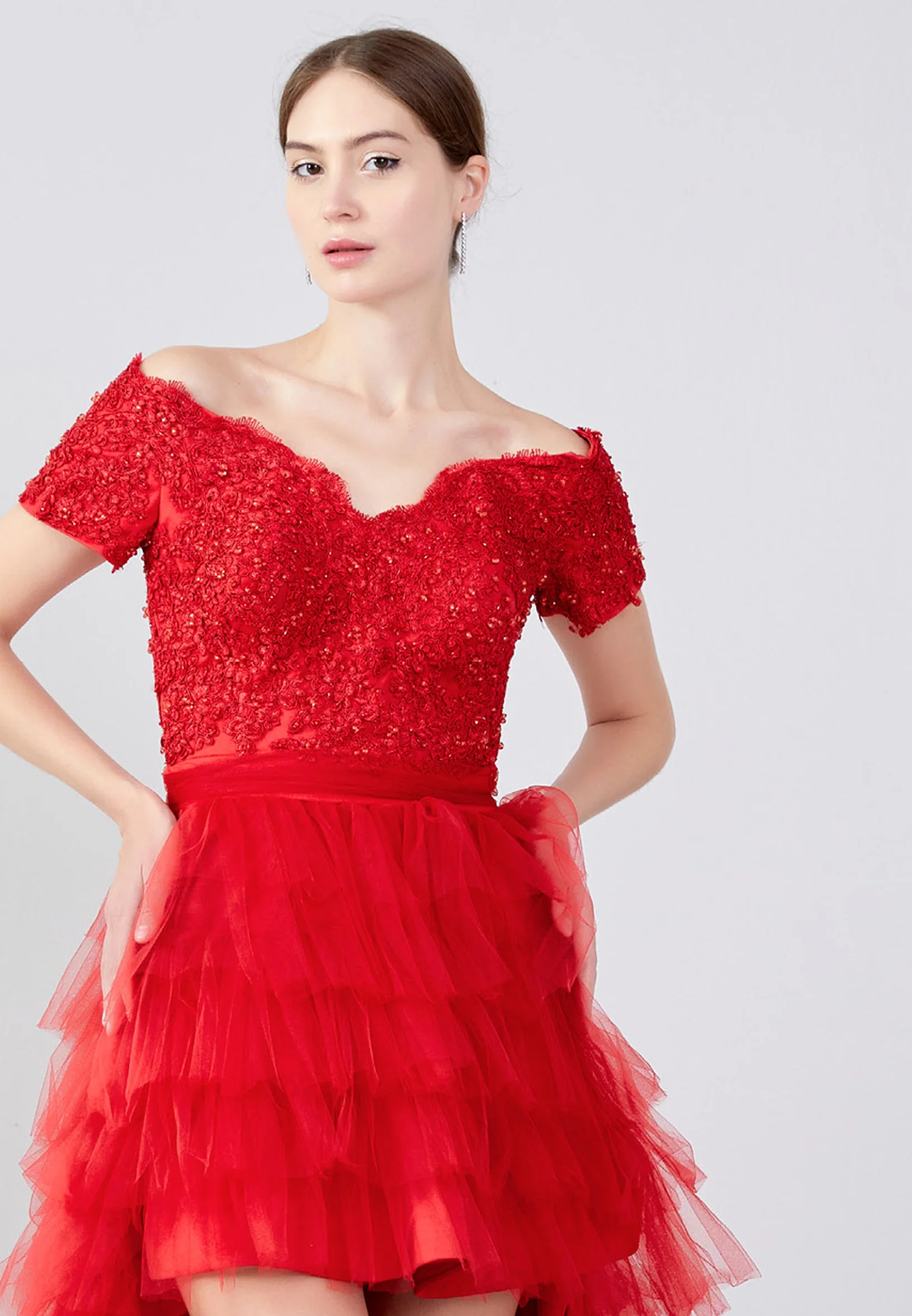 Off Shoulder High-Low Tulle A - Line Regular Prom Dress oli00546 - Image 12