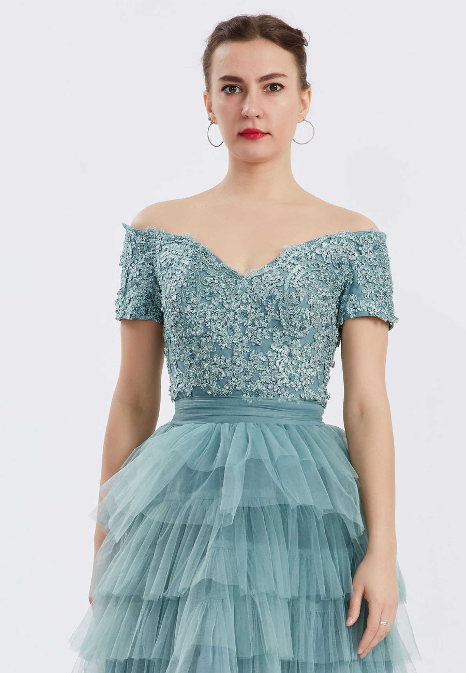 Off Shoulder High-Low Tulle A - Line Regular Prom Dress oli00546 - Image 4
