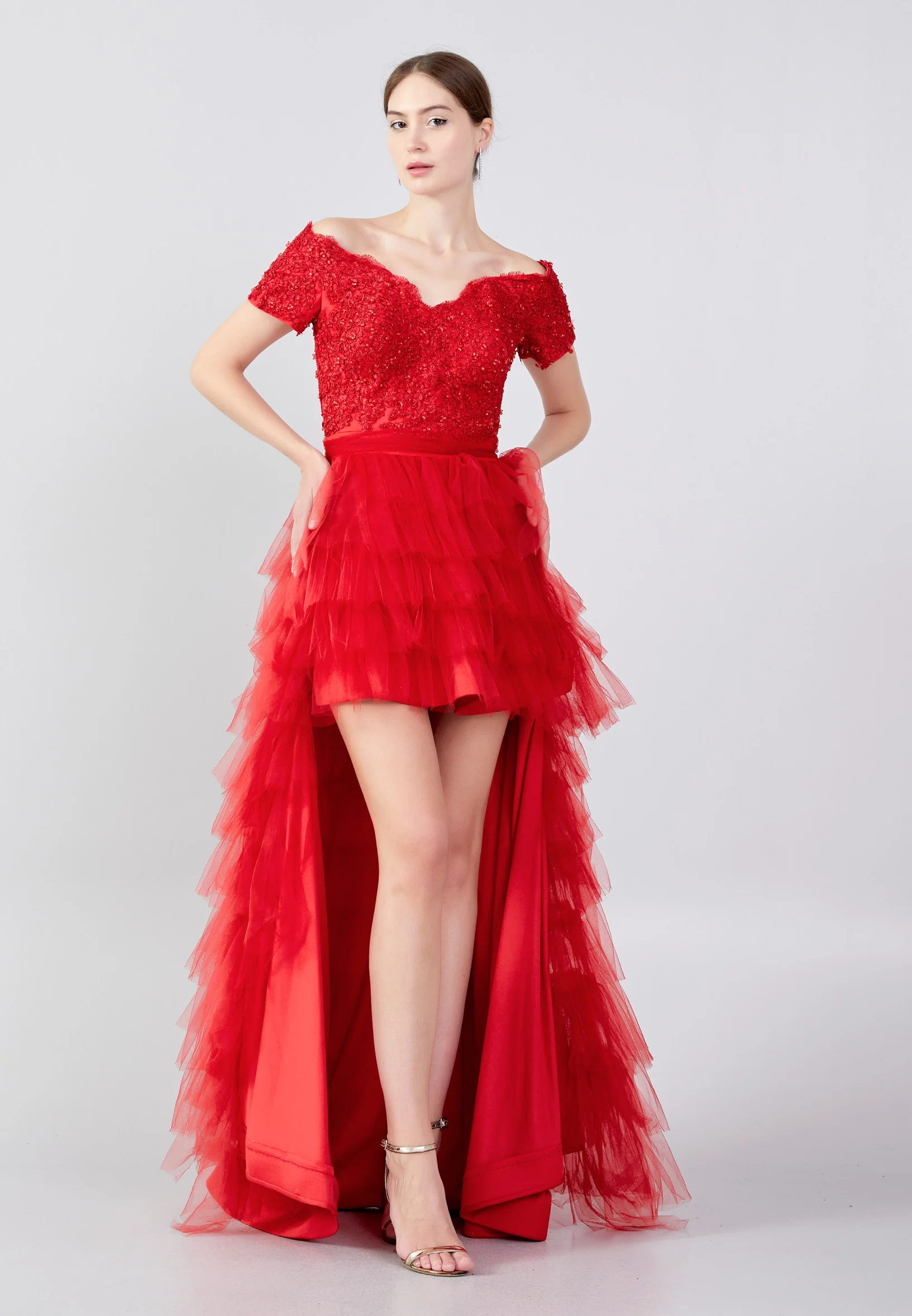 Off Shoulder High-Low Tulle A - Line Regular Prom Dress oli00546 - Image 9