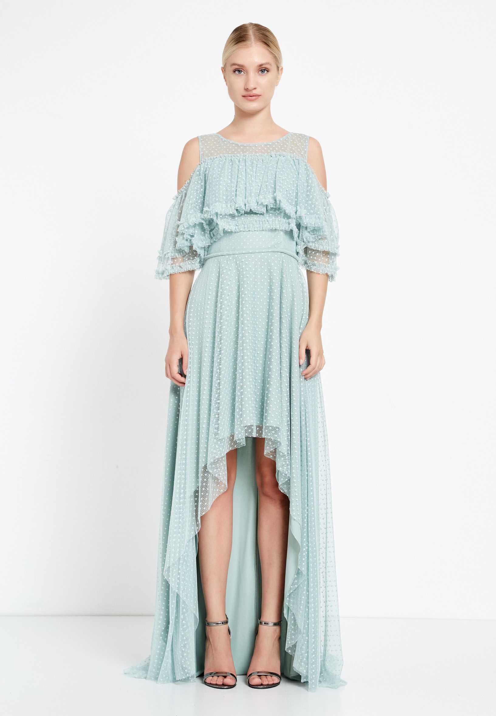 Off Shoulder High-Low Tulle Column Regular Wedding Guest Dress nox5021