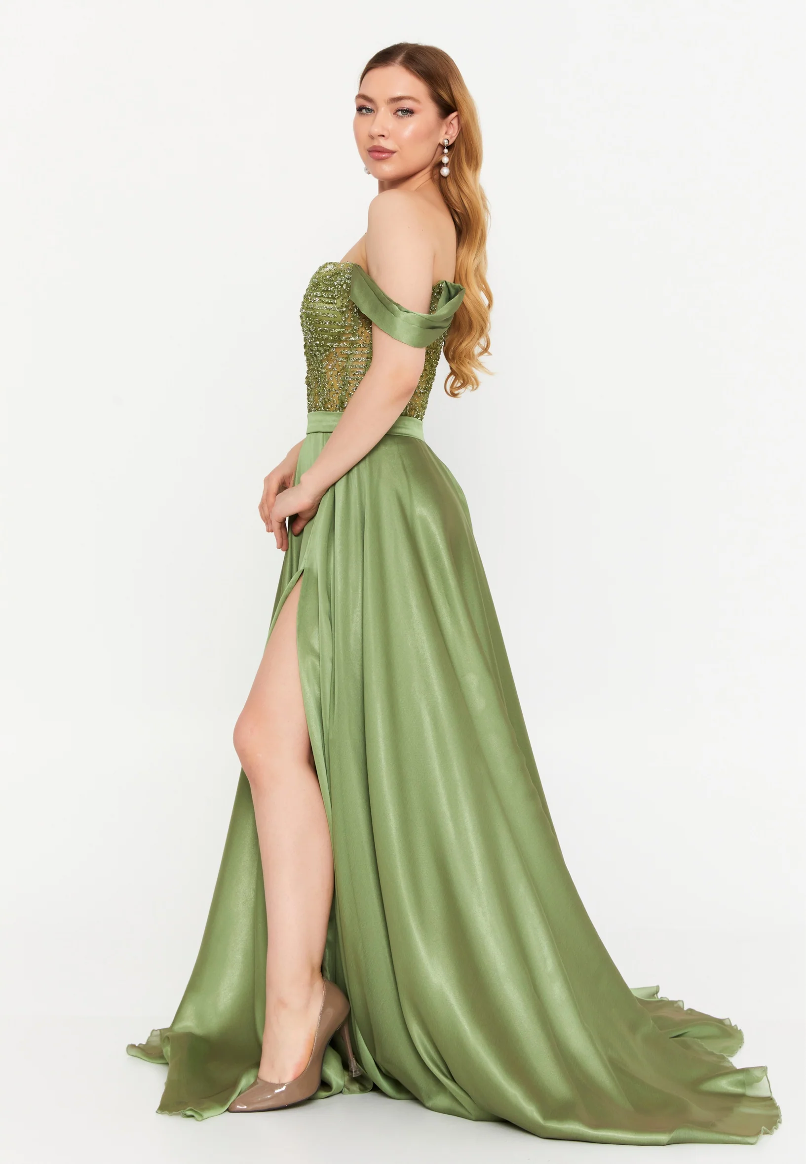 Off Shoulder Maxi Chiffon Column Plus Size Wedding Guest Dress aln1633 - Image 3
