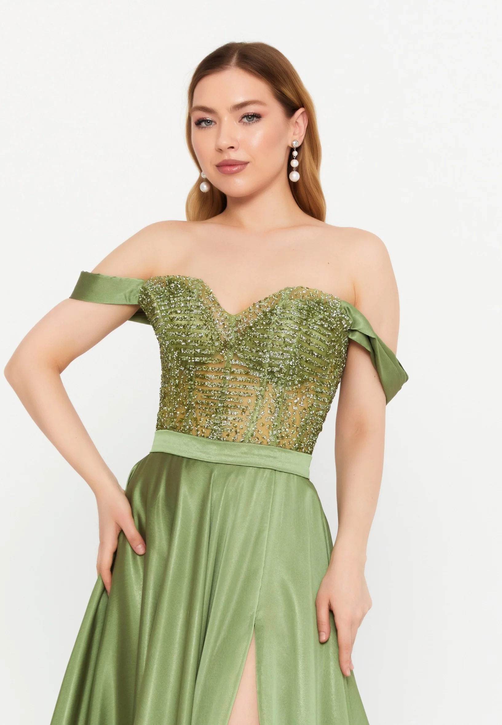 Off Shoulder Maxi Chiffon Column Plus Size Wedding Guest Dress aln1633 - Image 4