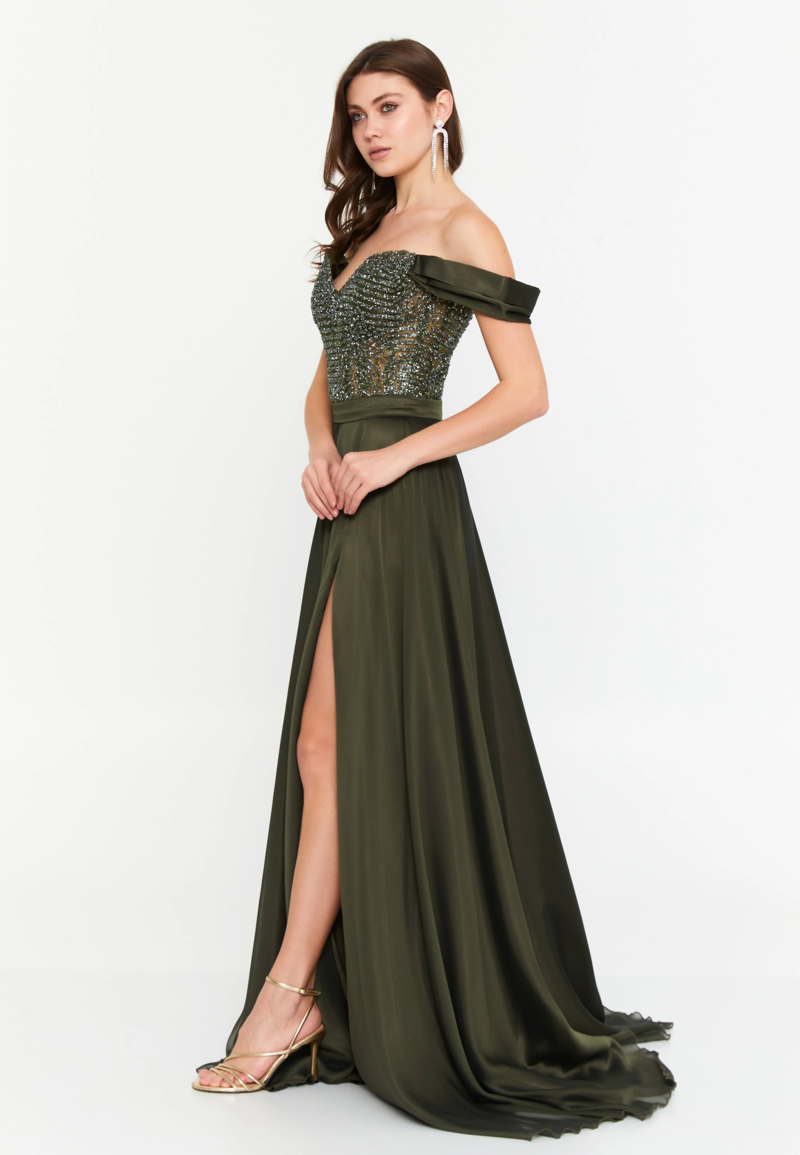 Off Shoulder Maxi Chiffon Column Plus Size Wedding Guest Dress aln1633 - Image 7