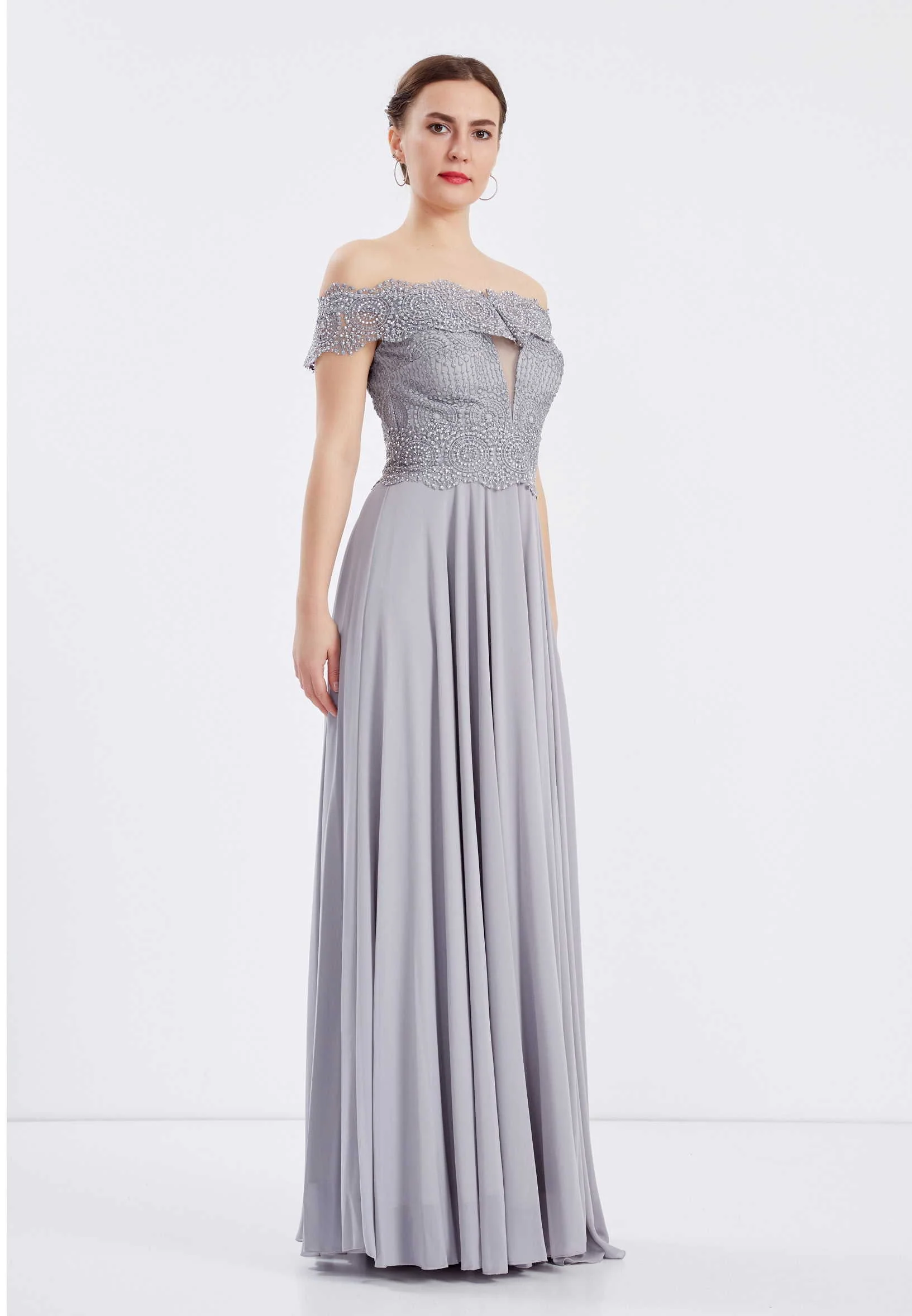 Off Shoulder Maxi Chiffon Column Regular Wedding Guest Dress frc6399 - Image 3