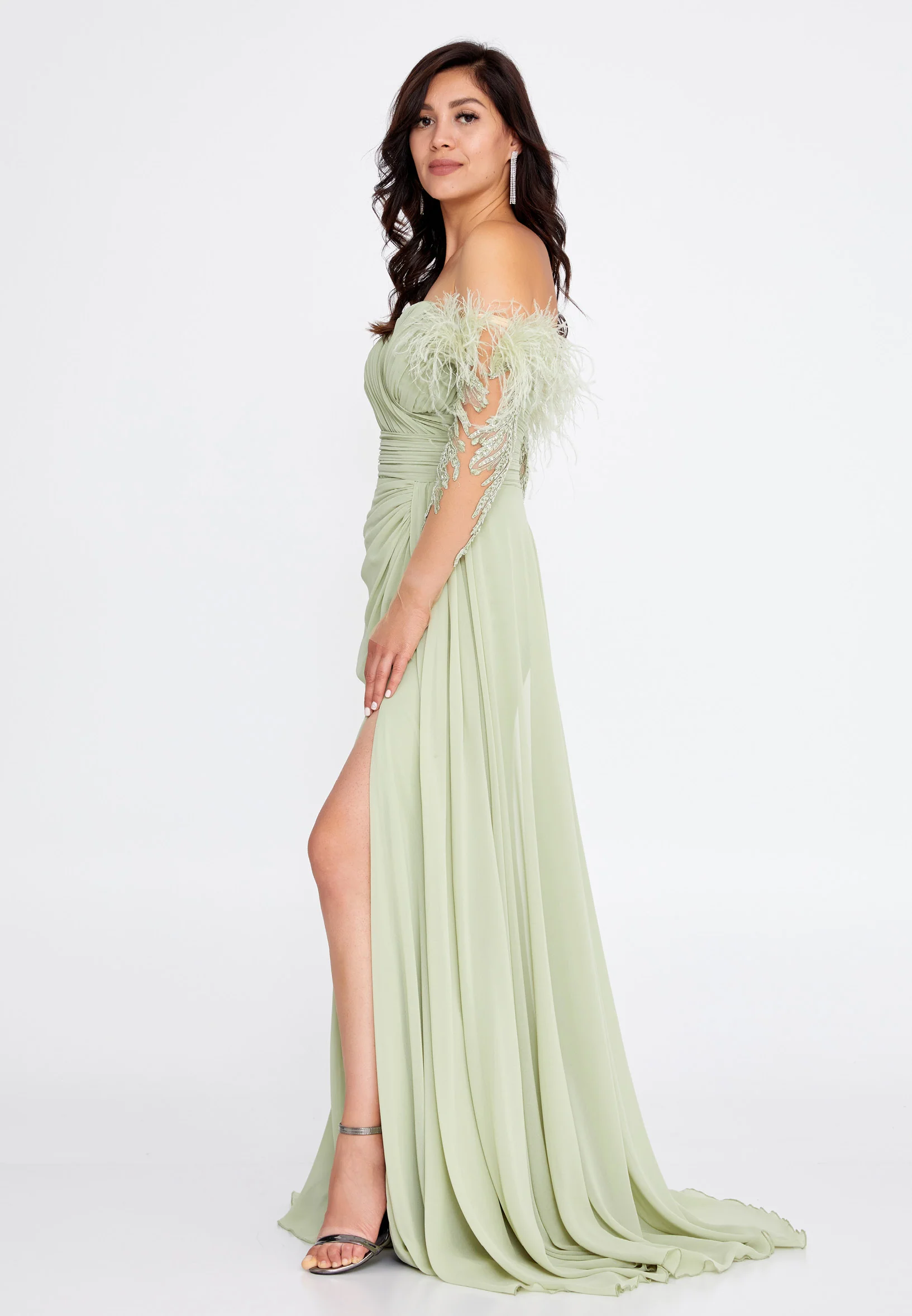 Off Shoulder Maxi Chiffon Column Regular Wedding Guest Dress omn416 - Image 15