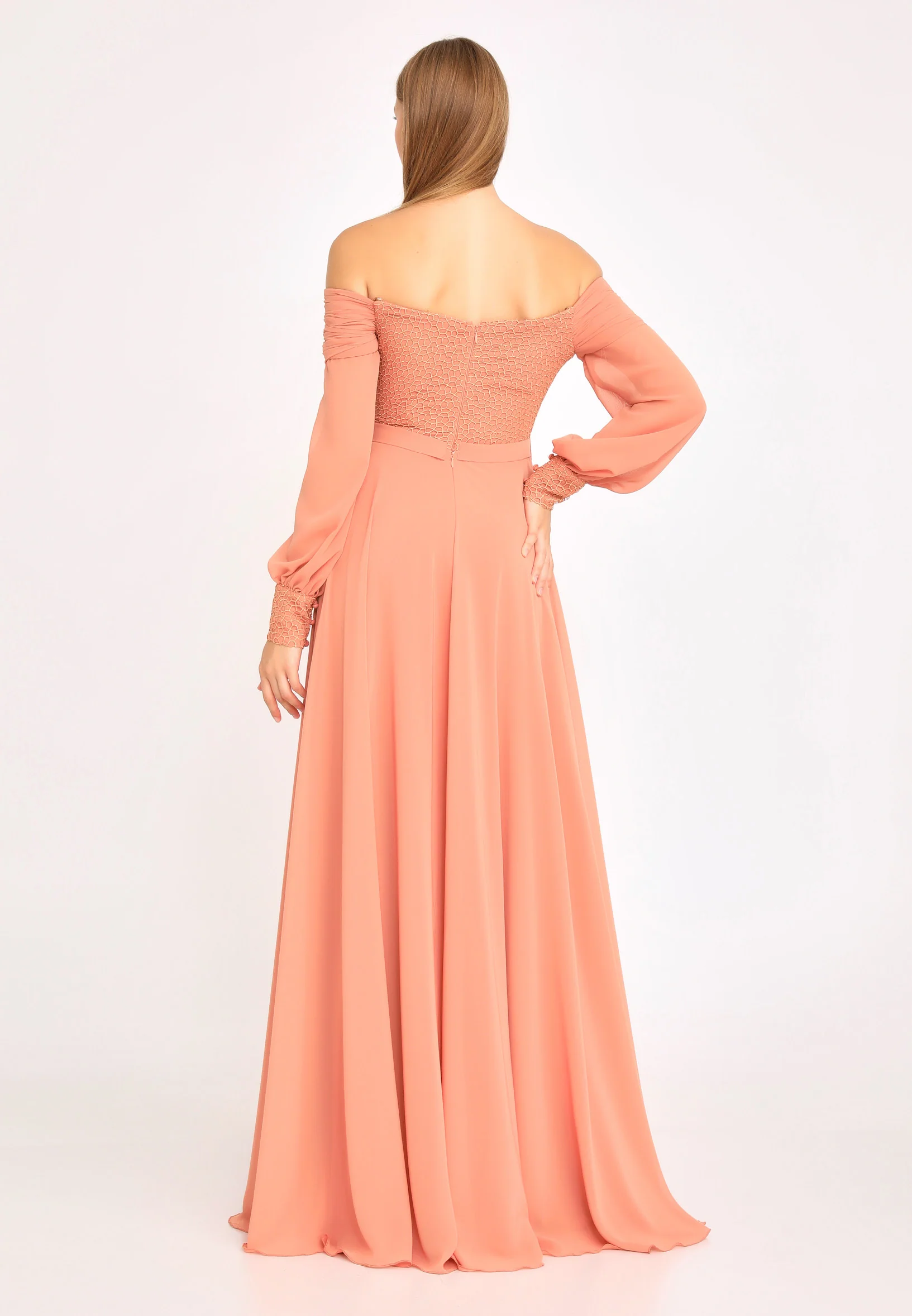 Off Shoulder Maxi Chiffon Column Regular Wedding Guest Dress rmn3113-1 - Image 10