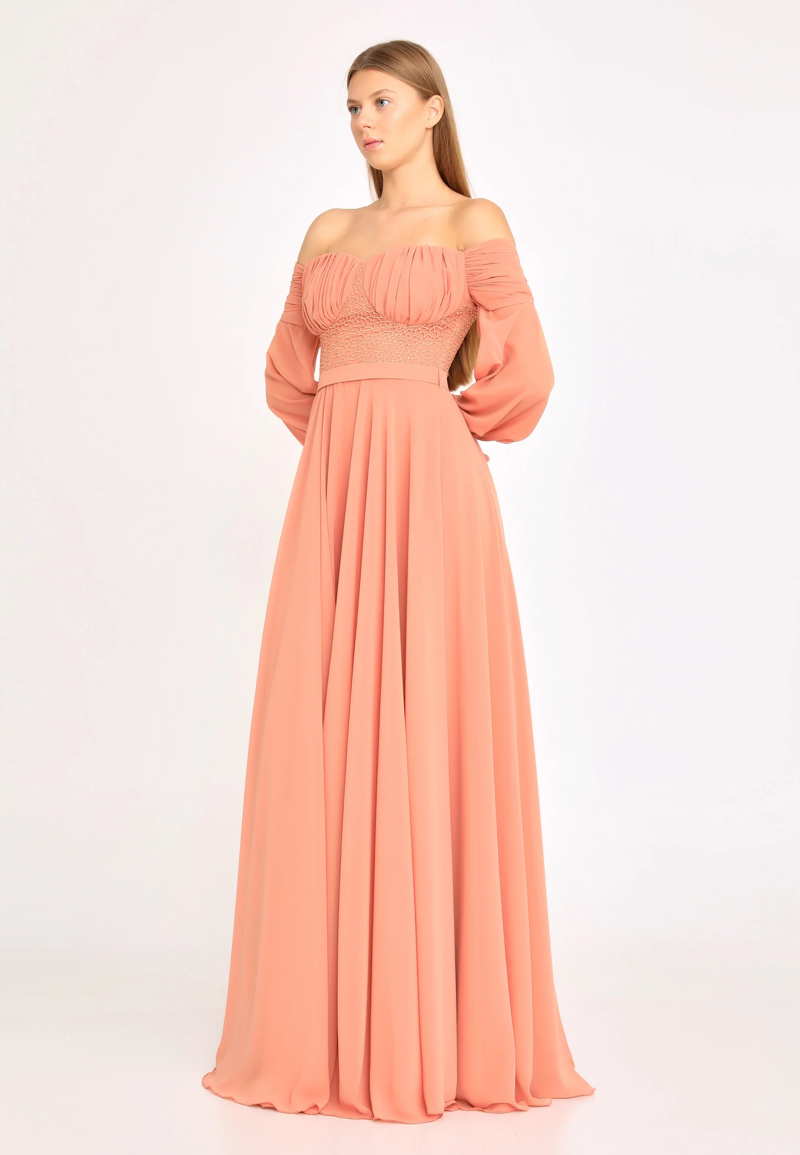 Off Shoulder Maxi Chiffon Column Regular Wedding Guest Dress rmn3113-1 - Image 11
