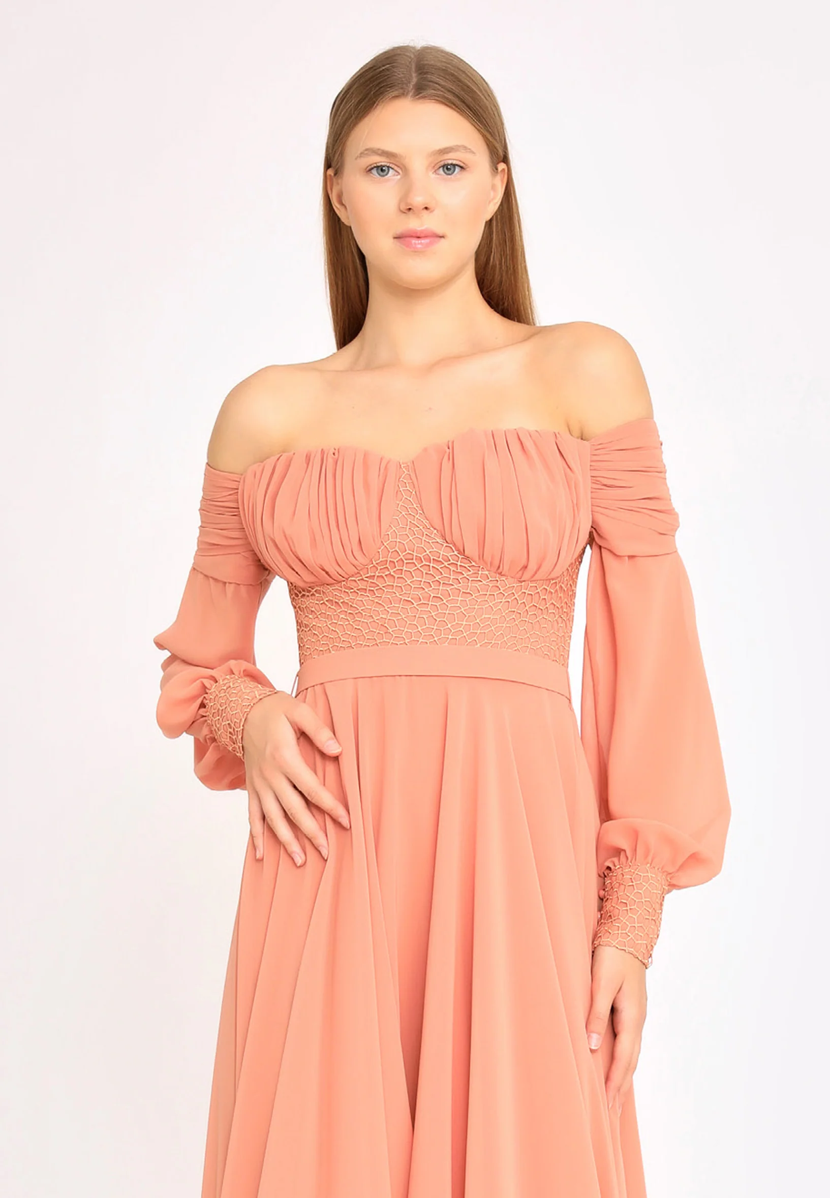 Off Shoulder Maxi Chiffon Column Regular Wedding Guest Dress rmn3113-1 - Image 12