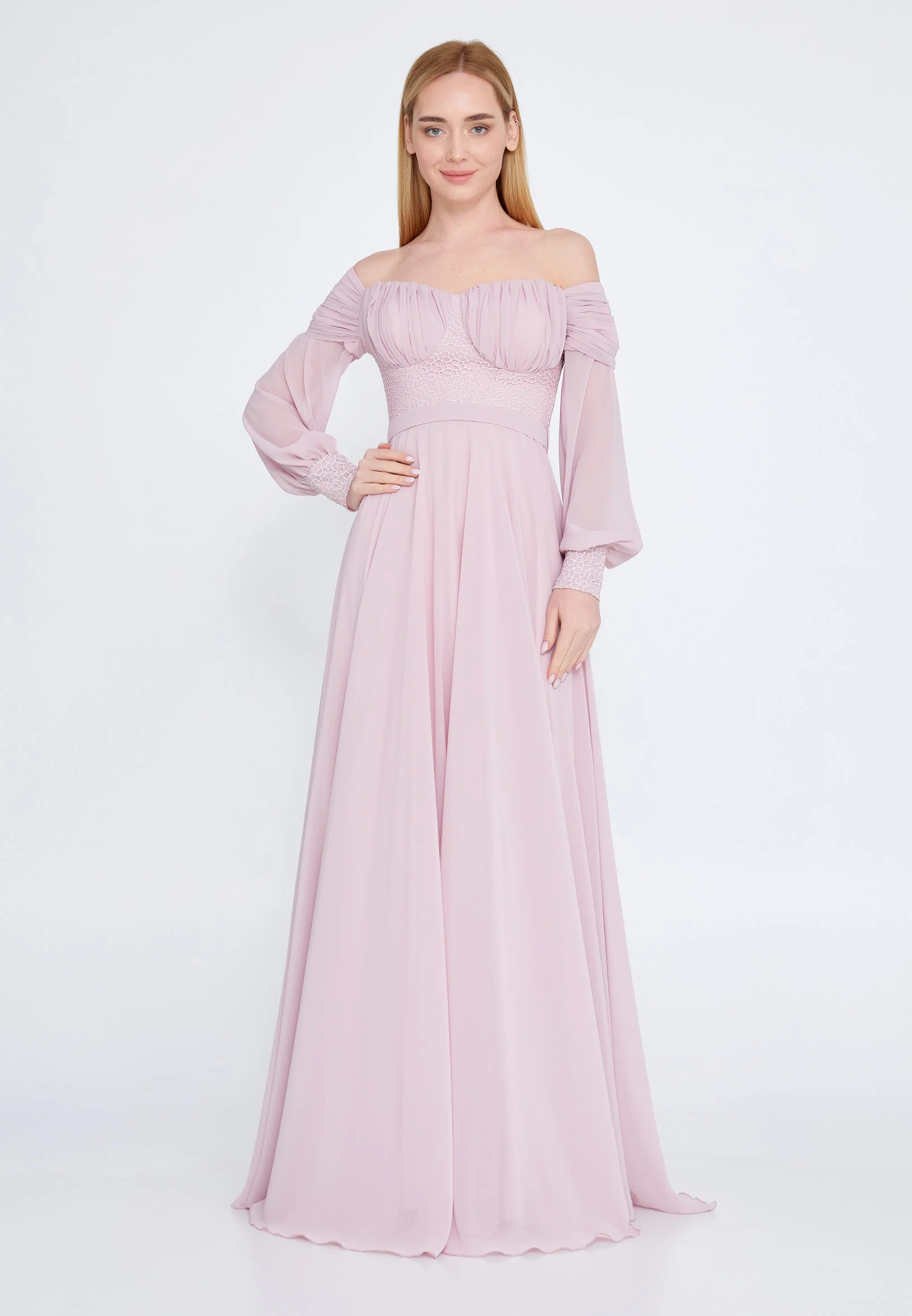 Off Shoulder Maxi Chiffon Column Regular Wedding Guest Dress rmn3113-1 - Image 13