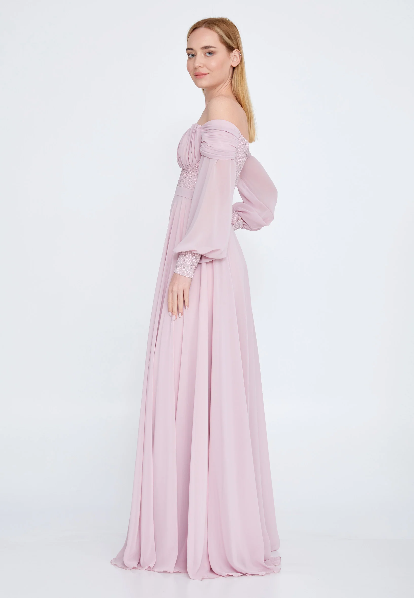 Off Shoulder Maxi Chiffon Column Regular Wedding Guest Dress rmn3113-1 - Image 15