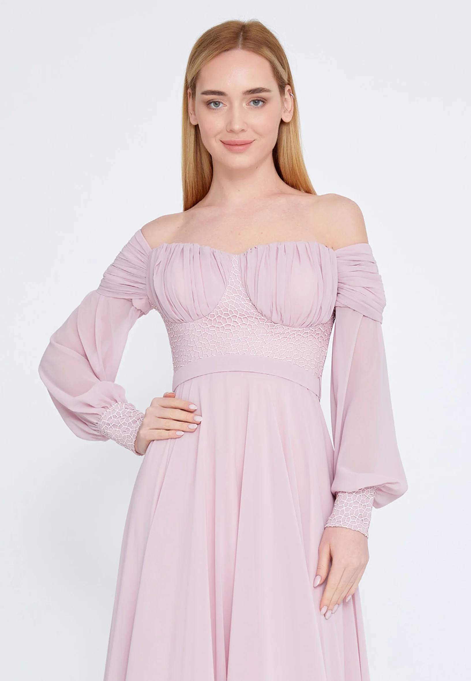 Off Shoulder Maxi Chiffon Column Regular Wedding Guest Dress rmn3113-1 - Image 16
