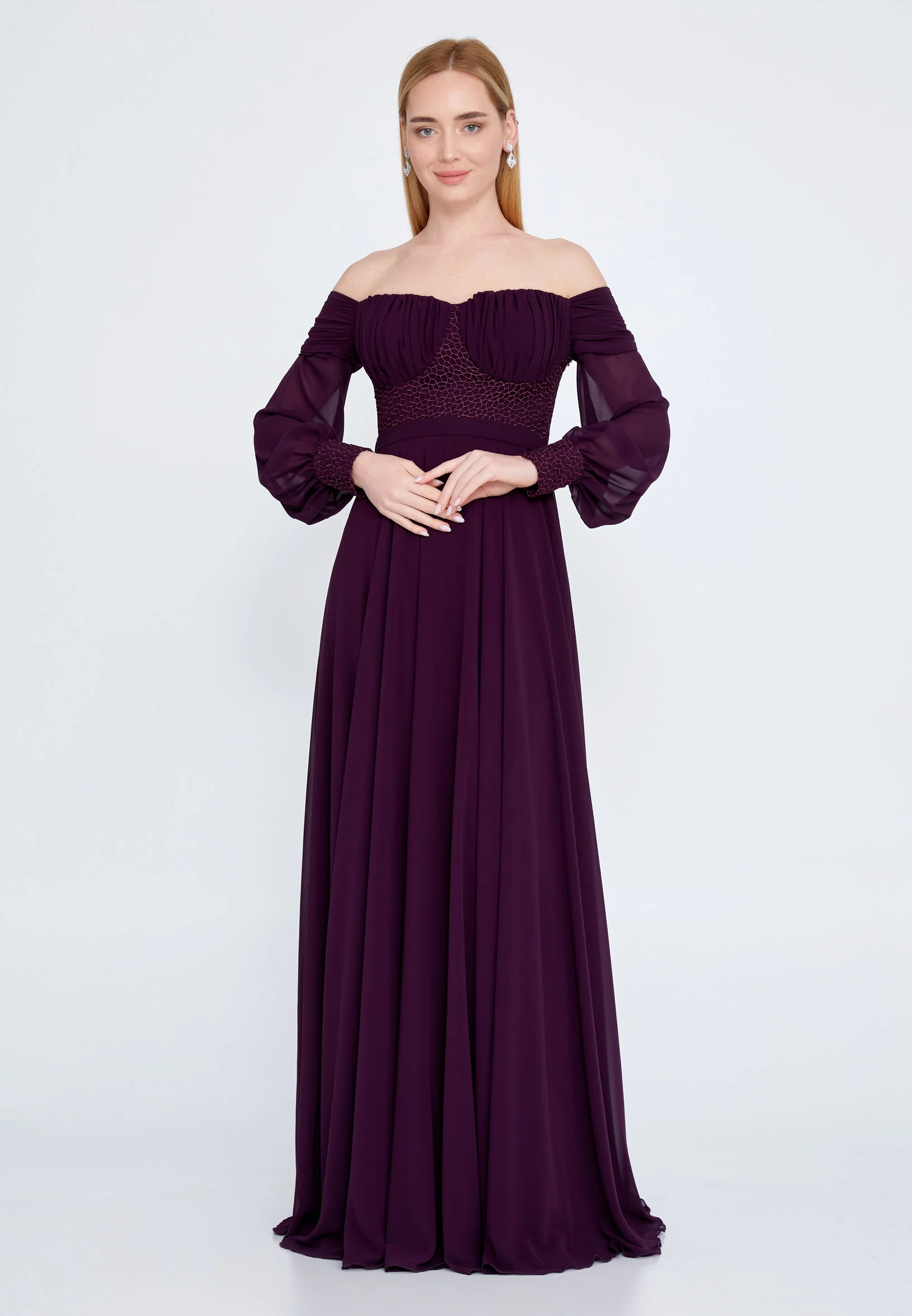 Off Shoulder Maxi Chiffon Column Regular Wedding Guest Dress rmn3113-1 - Image 17