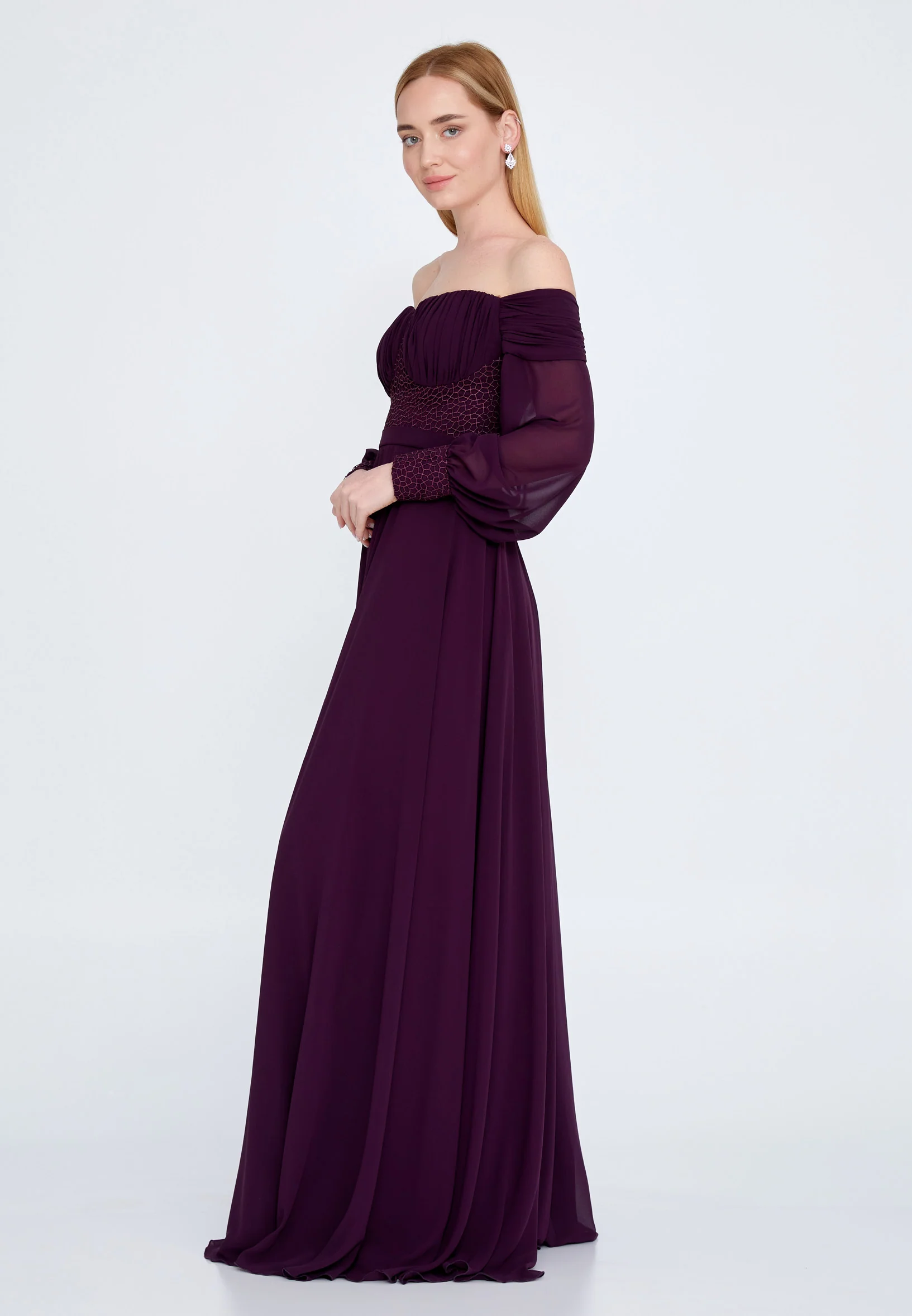 Off Shoulder Maxi Chiffon Column Regular Wedding Guest Dress rmn3113-1 - Image 19
